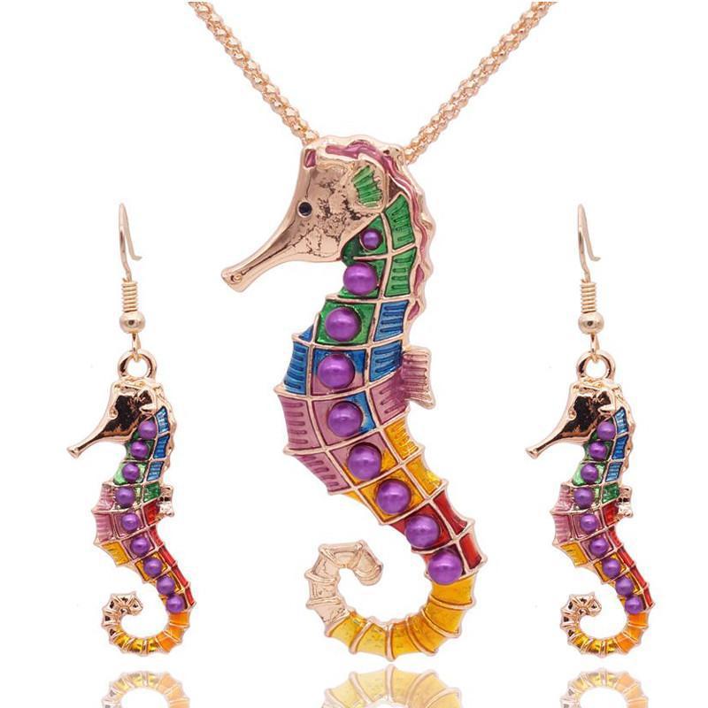 Vibrant Seahorse Jewelry Set - Necklace, Earrings & Bracelet - Perfect for Beach Parties, Summer Vacations & Boho Fashion