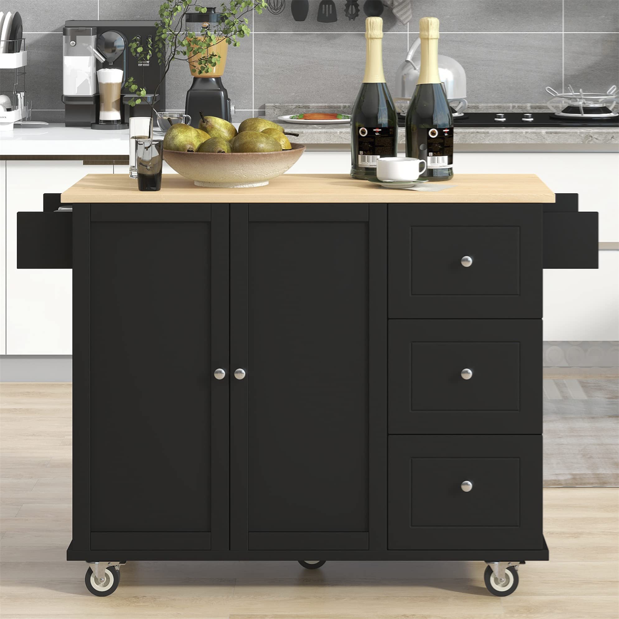 **Solid Wood Kitchen Island Cart with Storage - Rolling Kitchen Trolley with Drop Leaf, Drawers, Towel Rack & Spice Rack - Mobile Kitchen Organizer for Small Spaces (Black) - Perfect for Meal Prep, Entertaining & Extra Counter Space**