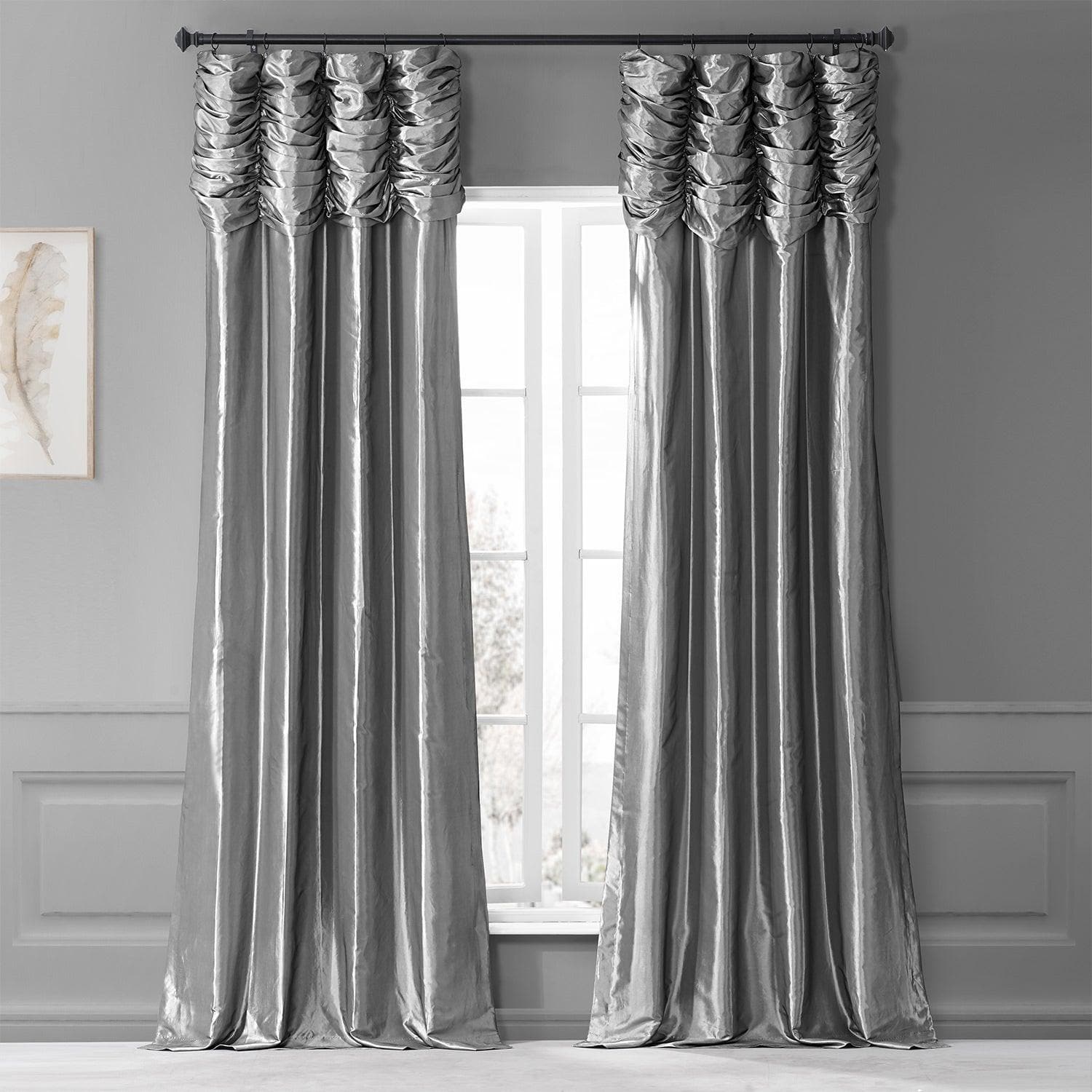 Platinum Ruched Solid Faux Silk Taffeta Room Darkening Curtain