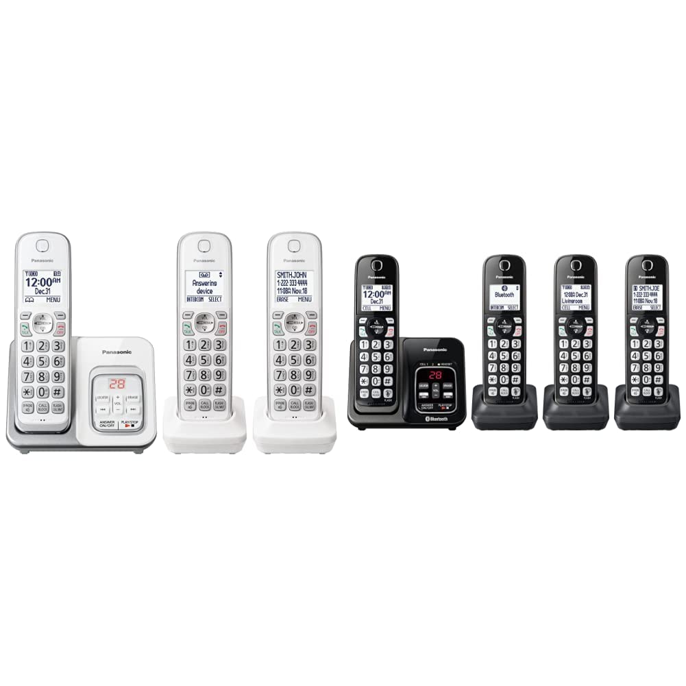Panasonic Expandable Cordless Phone System - White/Silver & Link2Cell Bluetooth Model - Metallic Black | Answering System, Voice Assistant | Perfect for Home Office, Large Houses & Elderly Users
