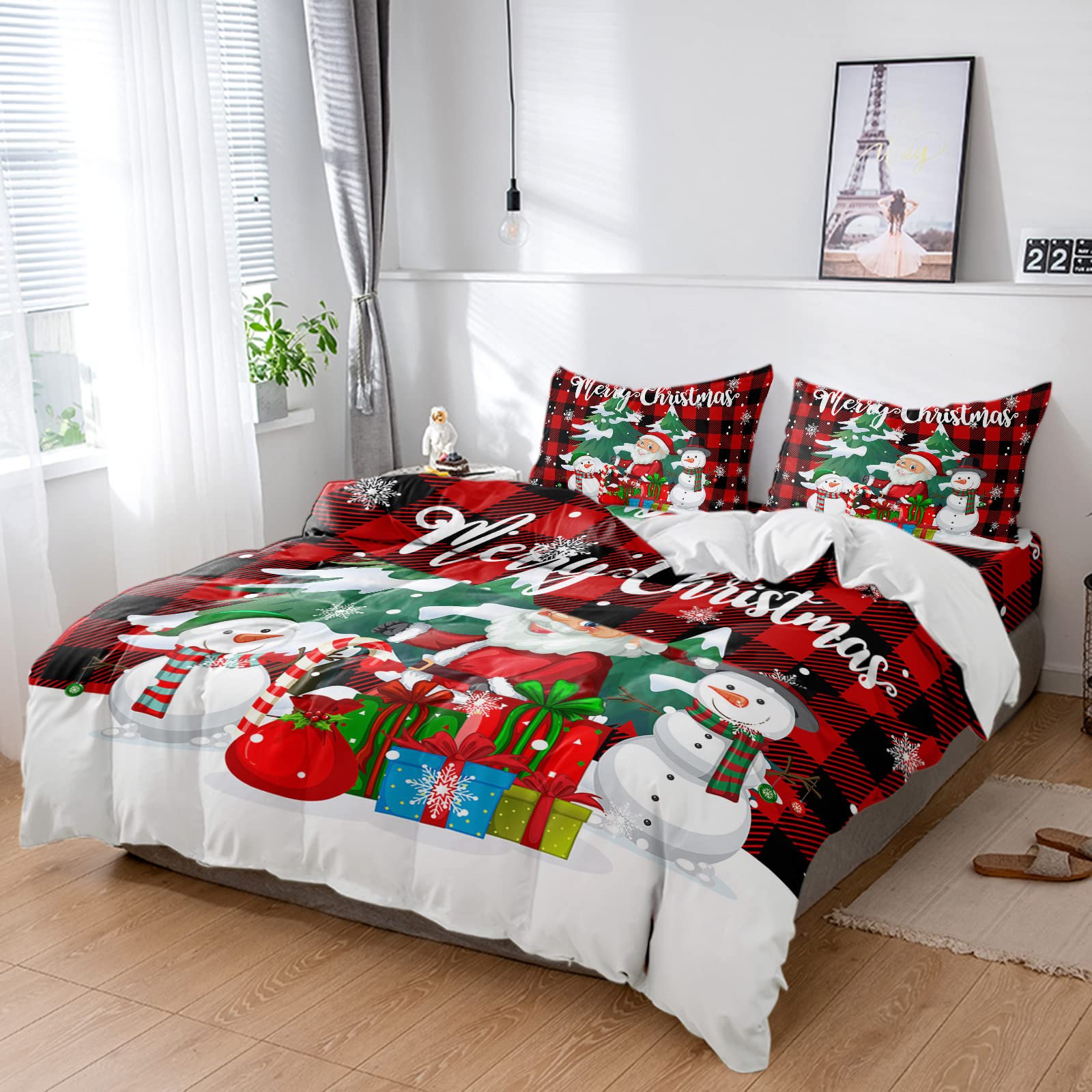 4-Piece Twin Duvet Cover Set - Christmas Tree Santa Snowman Design, Ultra Soft Washed Microfiber Comforter Cover with Pillowcases, Red Black Gingham Bedding Set, Zipper Closure - Perfect for Winter Holidays, Cozy Bedroom Decor & Festive Gift