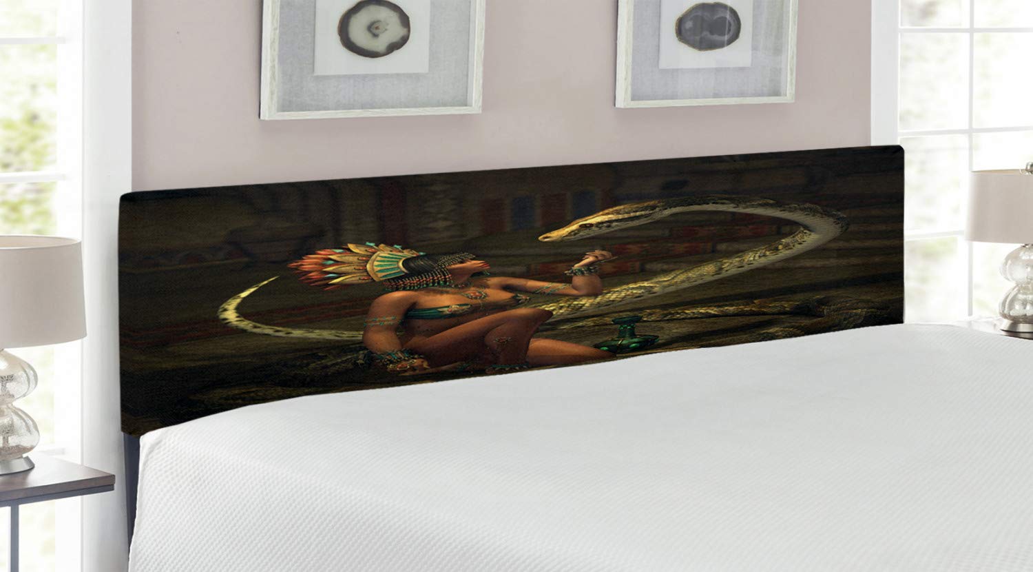 Ambesonne Fantasy Upholstered Headboard - King Size Bed Headboard with Memory Foam, Dark Skin Girl with Headdress & Snake Design in Green Brown Cinnamon - Decorative Metal Bed Frame for Master Bedroom, Guest Room & Bohemian Style Decor