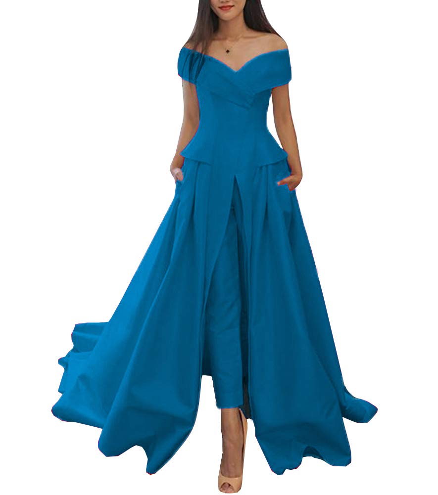 Elegant Women's Satin Long Jumpsuit Off Shoulder Evening Dress - Blue Prom Gown for Parties, Weddings & Special Occasions | Formal Night Out & Cocktail Events