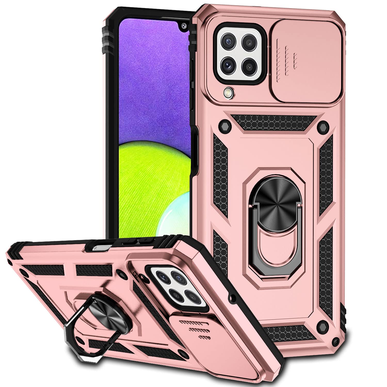 Samsung Galaxy M53 5G Case with Camera Slide Protector & Telescopic Kickstand - Shockproof Phone Cover with Holder (Rose Gold) | Perfect for Work, Travel, and Everyday Protection