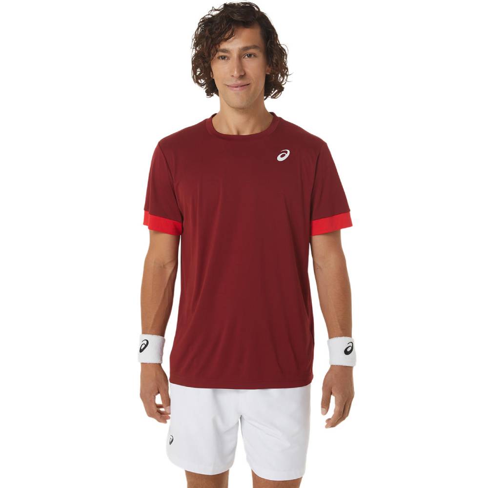 ASICS Men's Court Short Sleeve Tennis Shirt - Moisture-Wicking Performance Top in Beet Red/Classic Red - Perfect for Tennis, Pickleball & Casual Wear