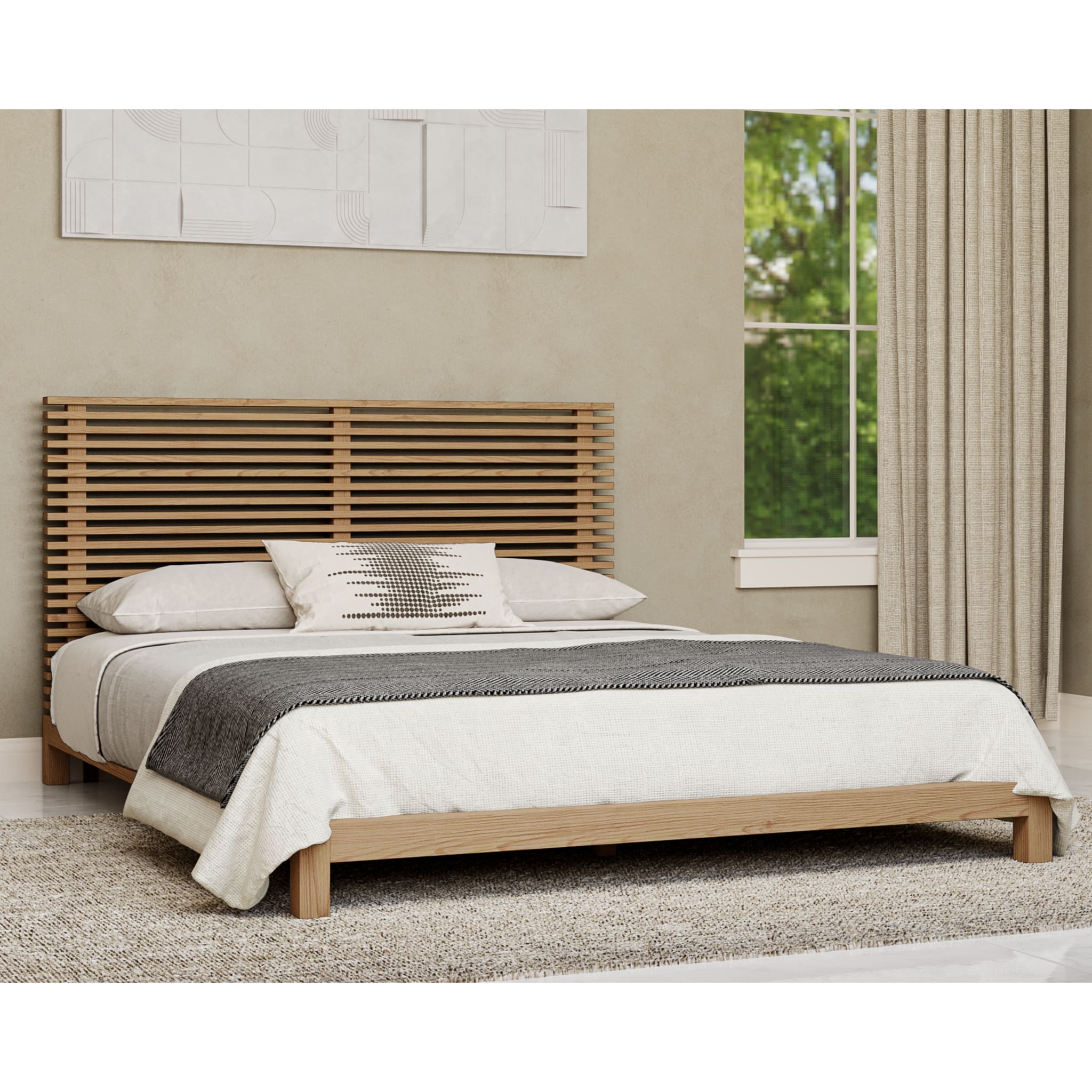 Solid Ash Wood Platform Bed Frame in Flaxen Finish - Modern Minimalist Bedroom Furniture for Master Bedroom or Guest Room