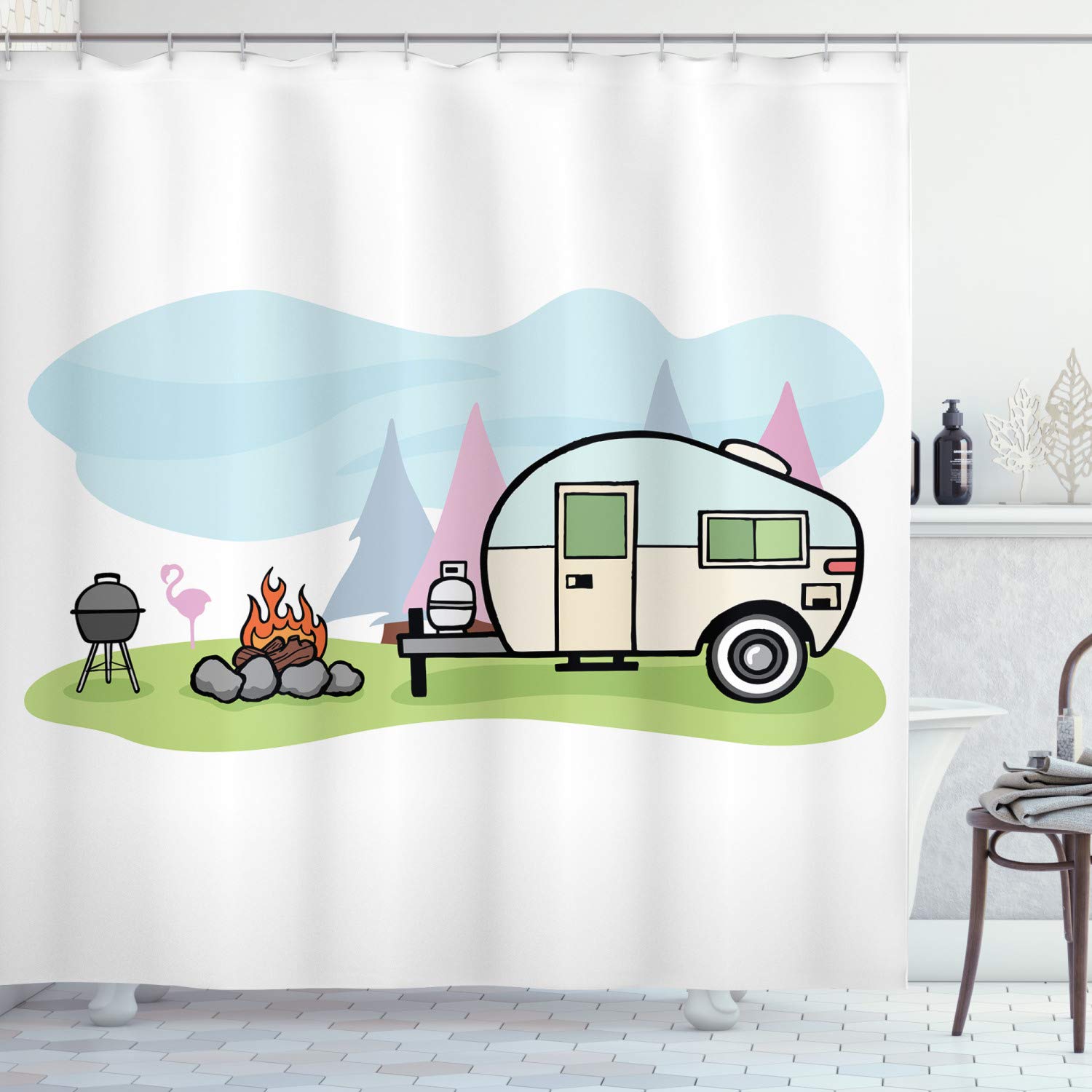 Ambesonne Camping Themed Travel Shower Curtain - Cartoon Style Camp Trailer, Bonfire & BBQ Design - 69