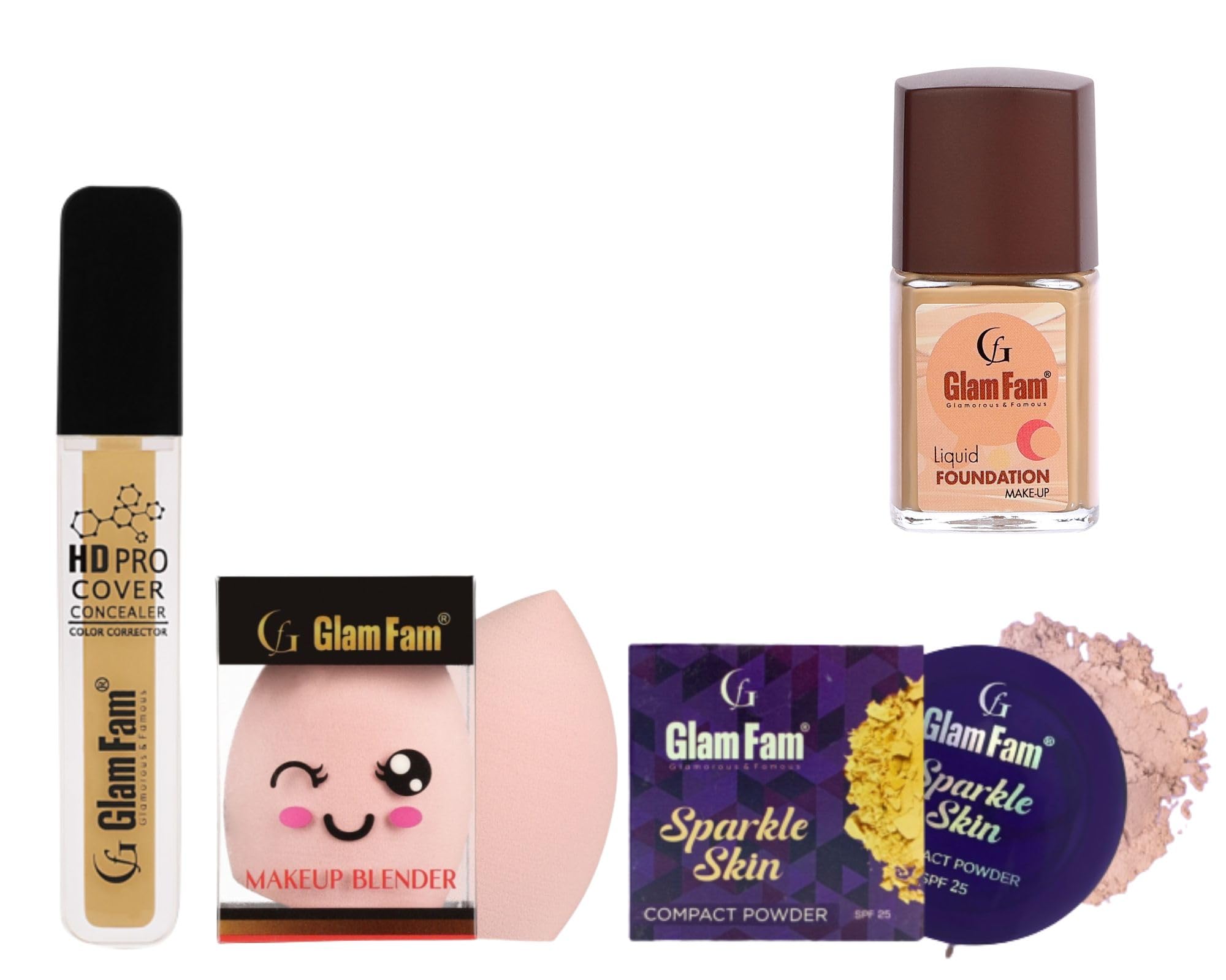 GLAM FAM Oil-Free Long-Lasting Compact Powder & Liquid Concealer – Matte Finish, Lightweight Full Coverage Foundation (30ml) with Makeup Blender | Perfect for Everyday Wear, Photo Shoots & Special Occasions