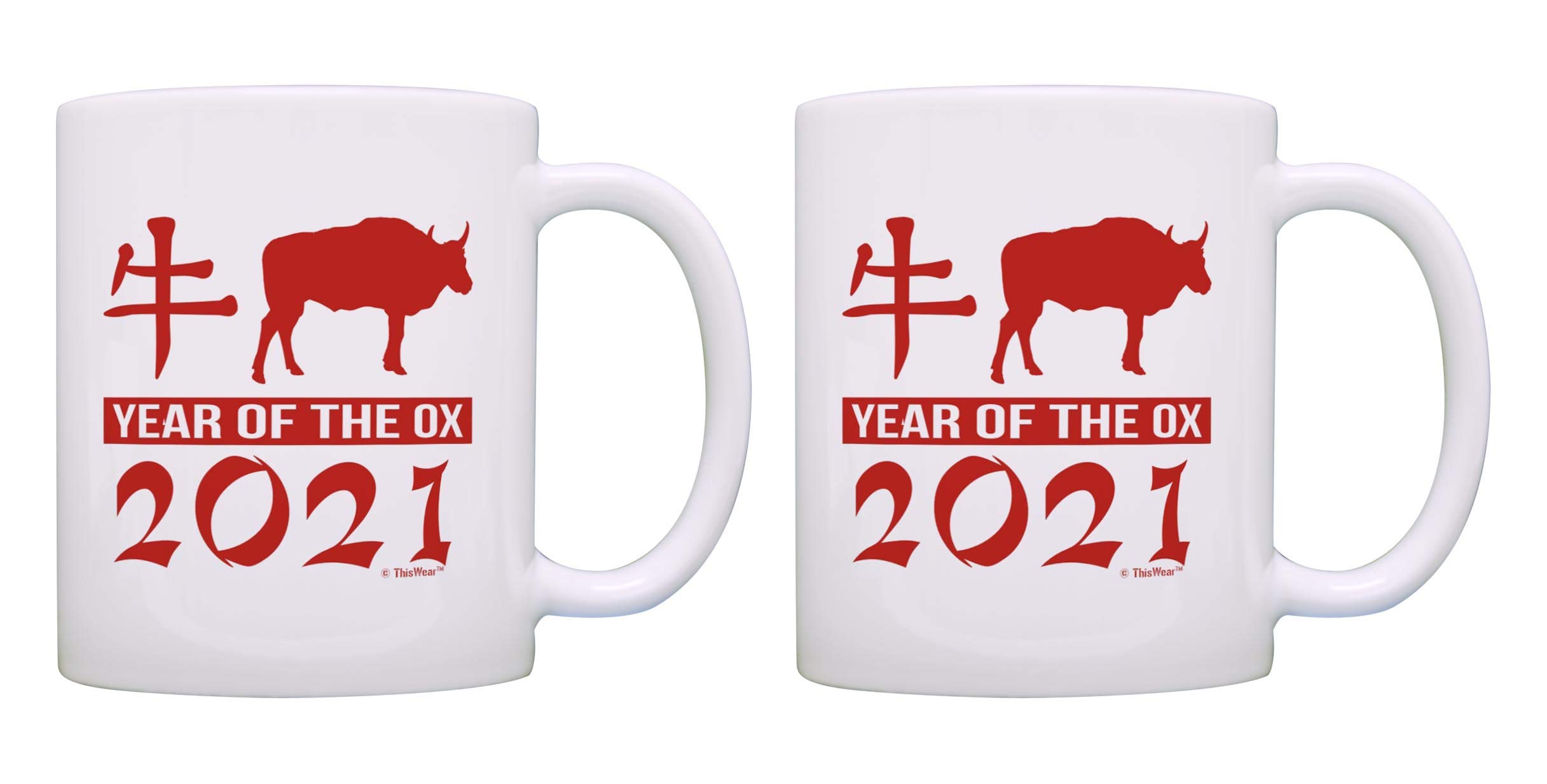 Year of the Ox 2021 Lunar New Year Coffee Mugs - 2 Pack White Ceramic Tea Cups for Chinese New Year Celebrations, Home Decor, and Gift Giving