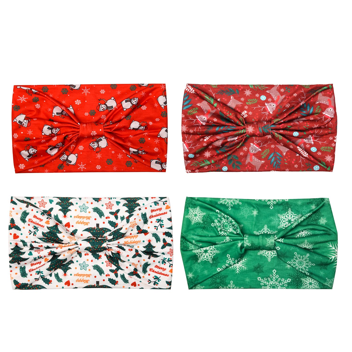 HIXNUG 4Pcs Christmas Turban Headbands - Wide Elastic Boho Hair Bands with Xmas Tree & Snowman Print - Festive Holiday Accessories for Women & Kids (Perfect for Christmas Parties, Family Gatherings & Photo Shoots)
