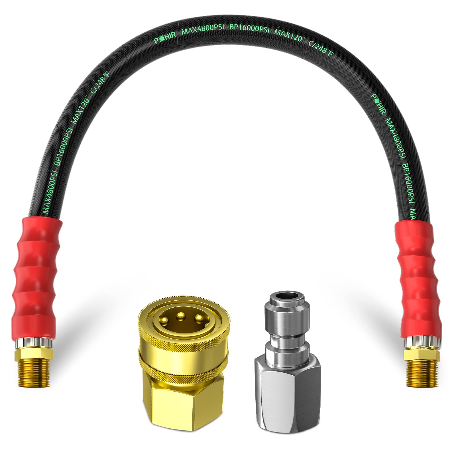 POHIR 3/8” High Pressure Washer Hose 2FT - 4800 PSI & 248℉ Hot Water Resistant - Short Power Washing Connector Hose with Removable Quick Connect - Perfect for Car Washing, Deck Cleaning & Driveway Pressure Washing