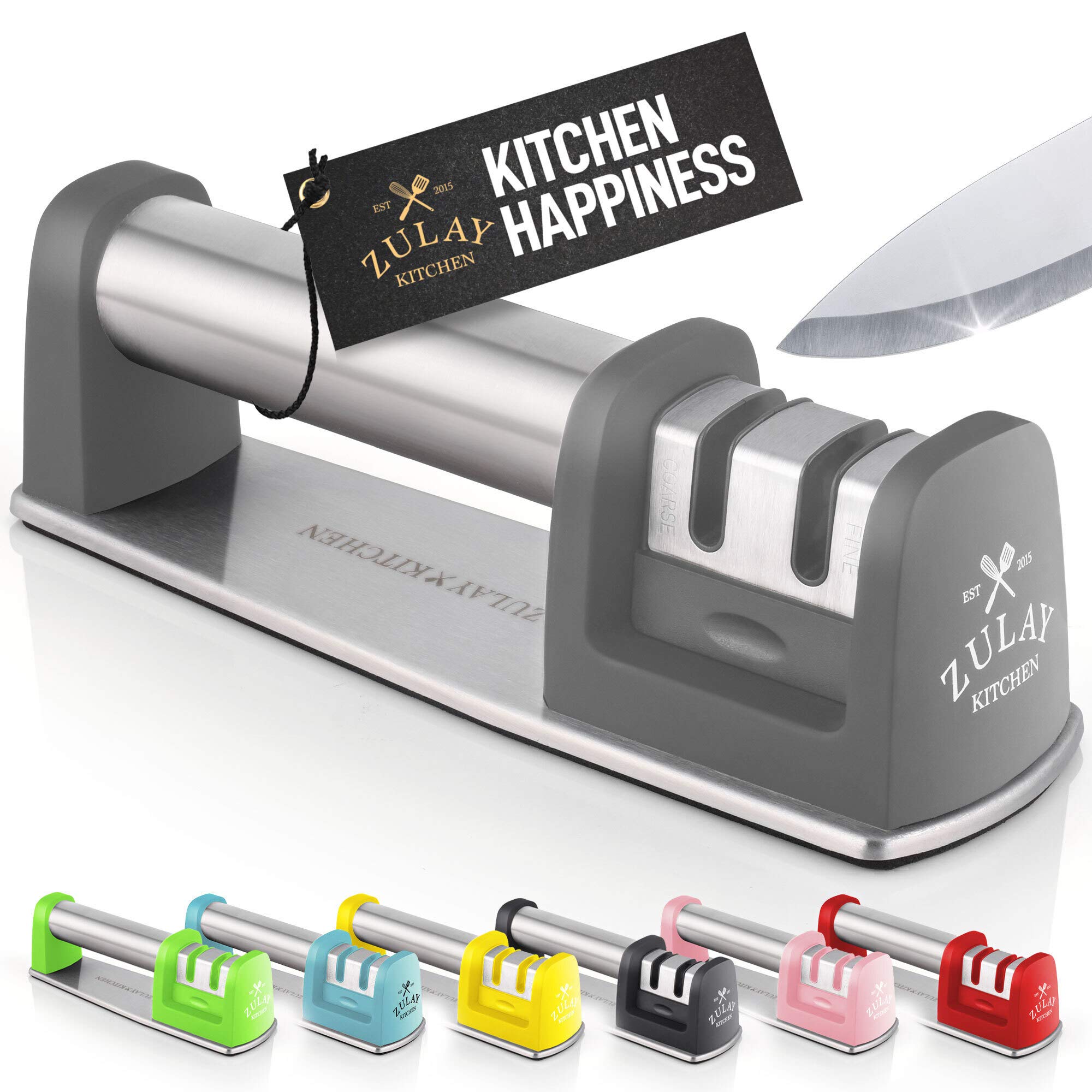 Premium Knife Sharpener for Straight & Serrated Knives - Stainless Steel, Ceramic & Tungsten Manual Sharpener - Ideal for Chef, Paring & Pocket Knives - Perfect for Kitchen, Camping & Outdoor Use - Gray