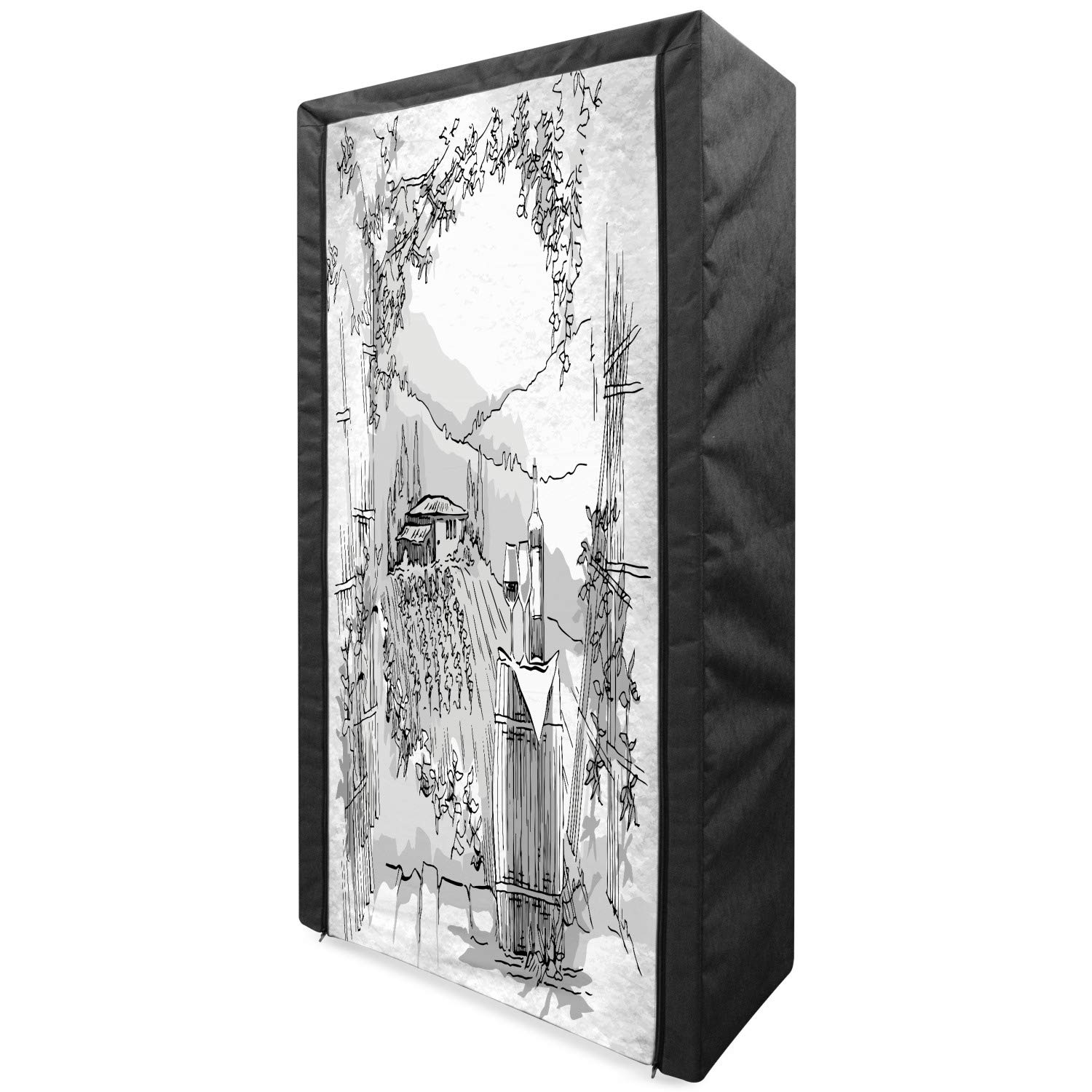 Ambesonne Sketchy Portable Fabric Wardrobe - Italian Mediterranean Art Design with Valley, House & Winery Elements - 33.5