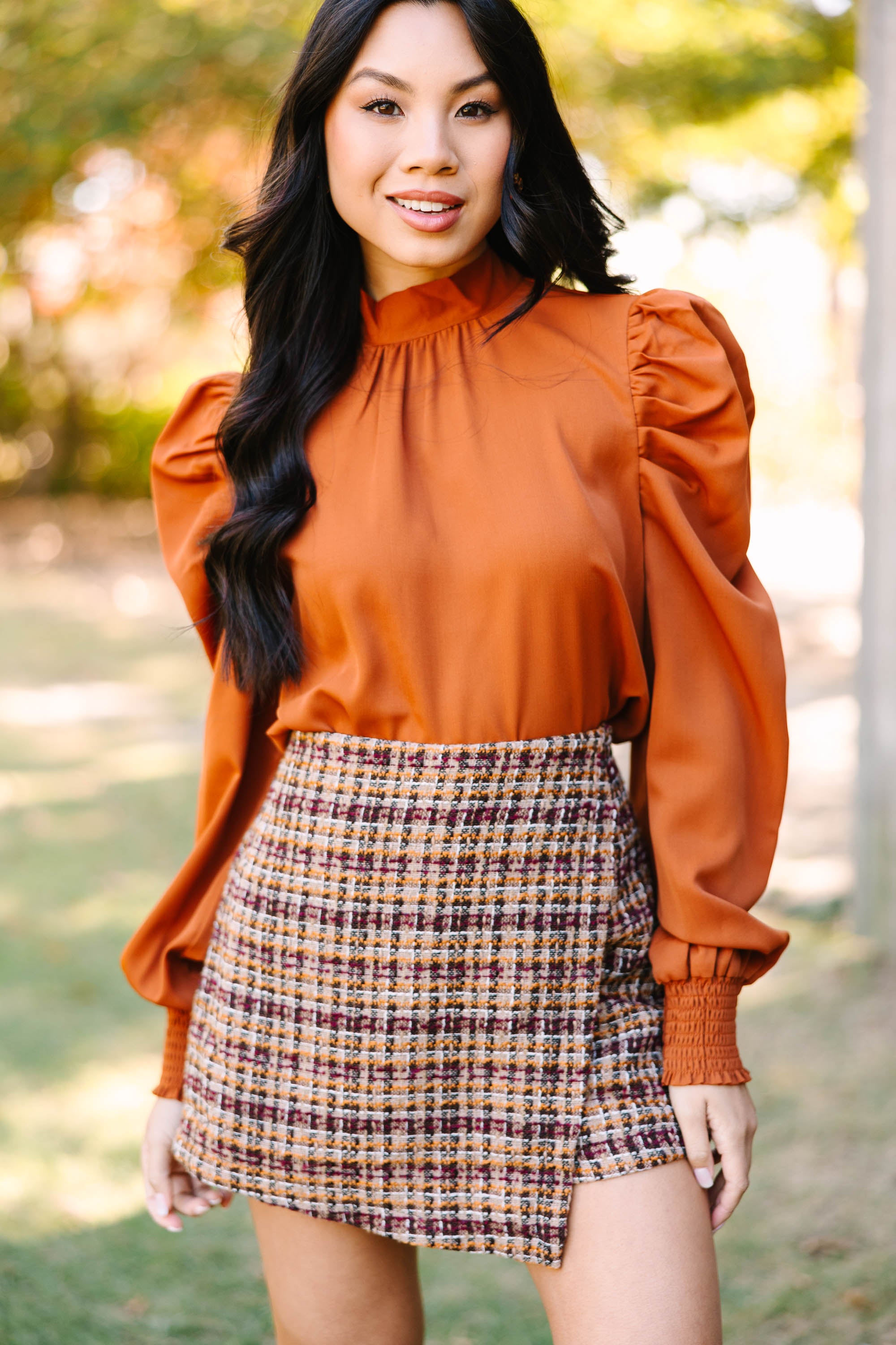 Stylish Rust Orange Puff Sleeve Blouse for Women - Trendy Standout Top for Office, Date Night & Special Occasions