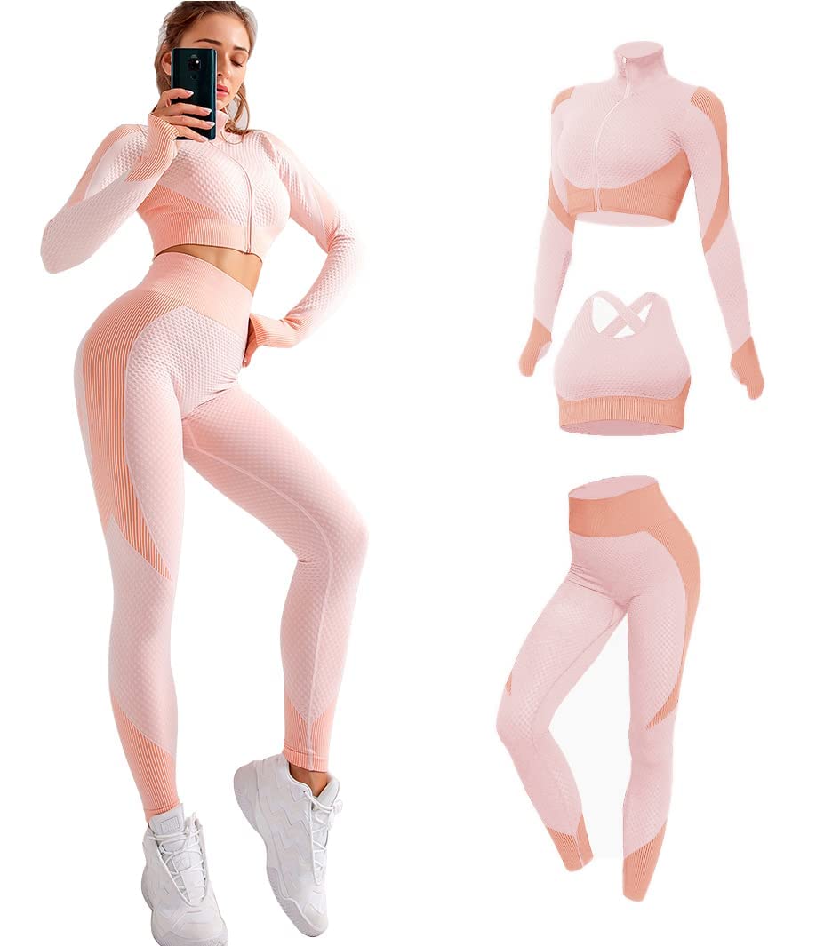 YETOWA Women's 3-Piece Seamless Workout Set - Gym, Yoga & Running Sportswear