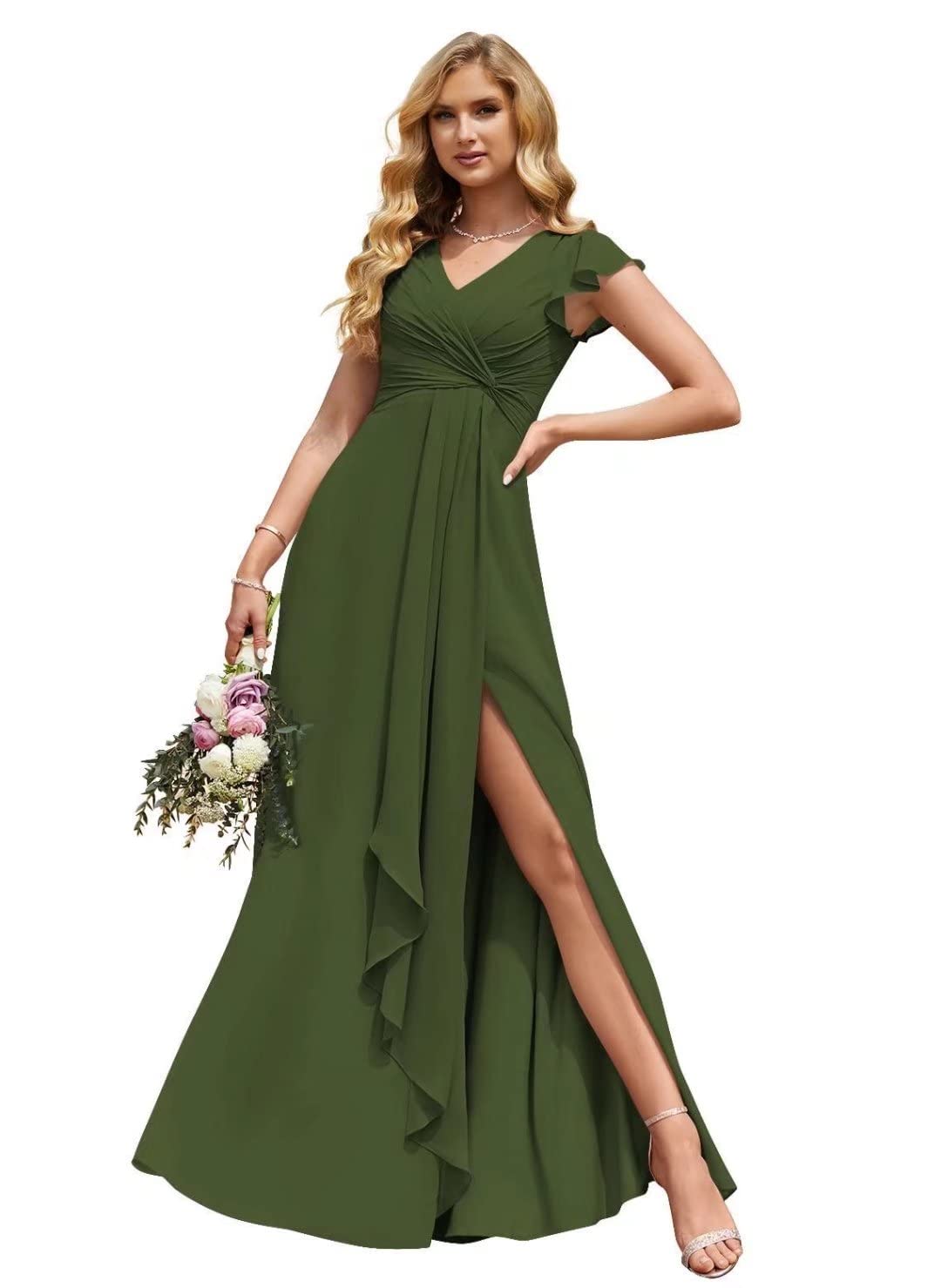 Verngo Women's V-Neck Chiffon Bridesmaid Dress Long with Slit & Ruffled Cap Sleeves - Empire Waist Formal Gown for Weddings, Parties & Special Occasions