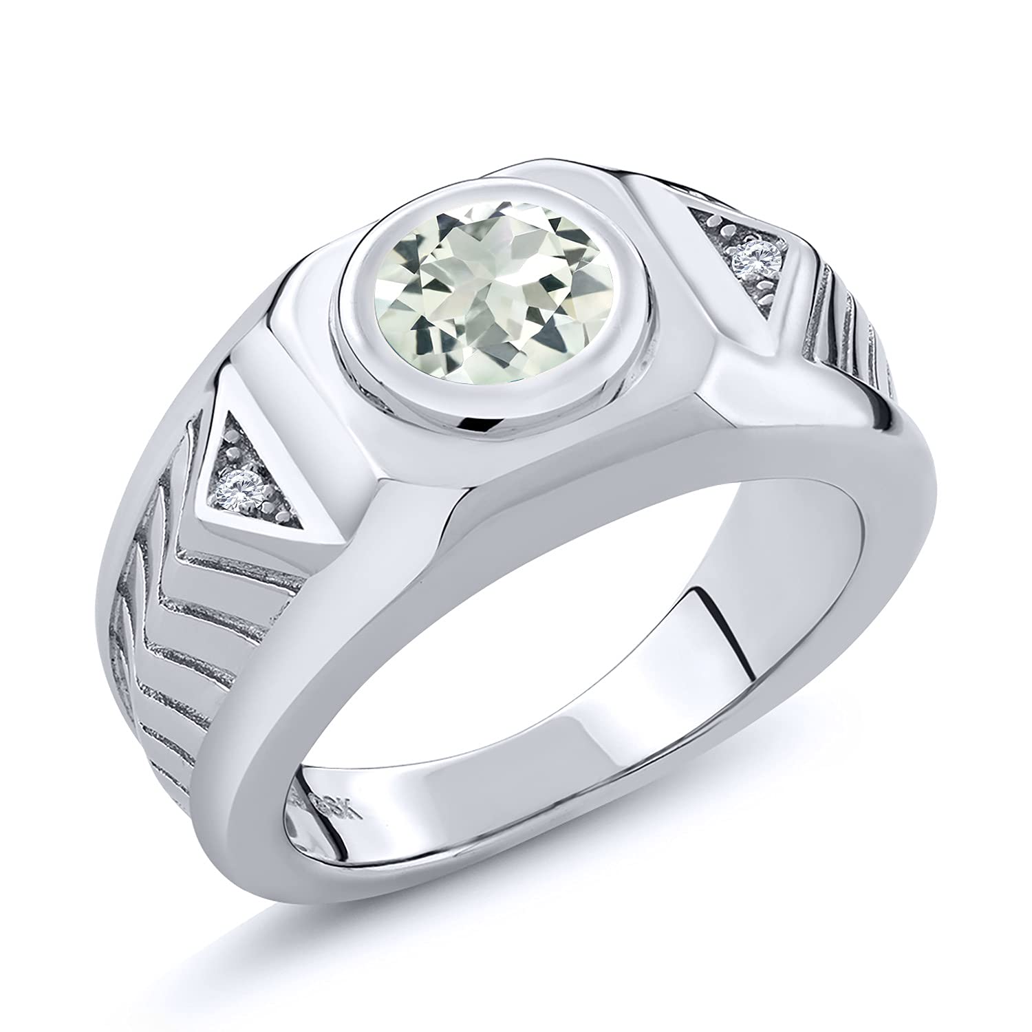 925 Sterling Silver Men's Solitaire Ring with Round Green Prasiolite & Created Moissanite (1.88 Cttw, GH Color) - Elegant Wedding Band, Anniversary Gift for Him, Engagement Jewelry