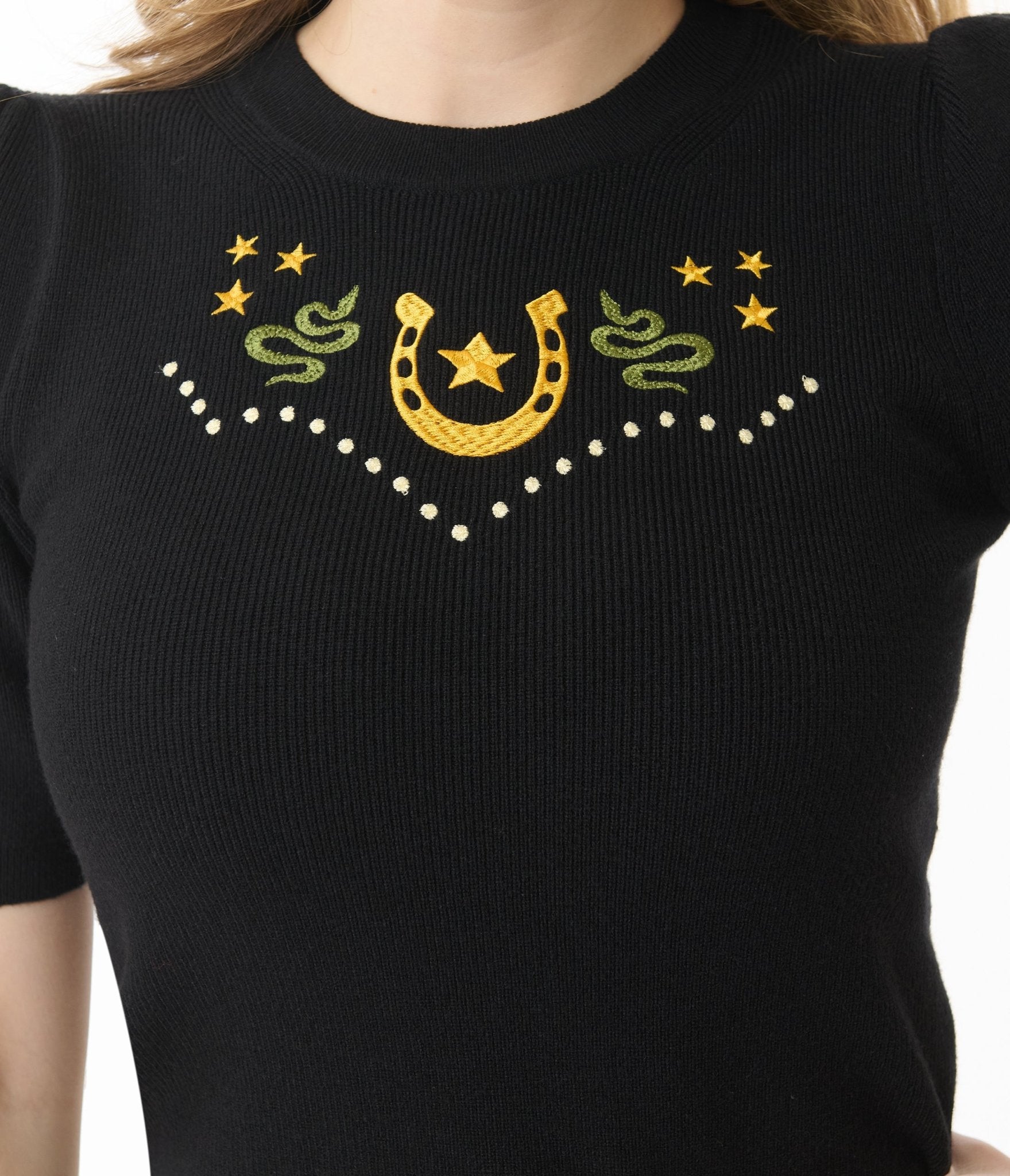 Mischief Made Black Lucky Horseshoe Sweater for Women | Stylish Pullover with Good Luck Charm | Perfect for St. Patrick's Day & Casual Outfits