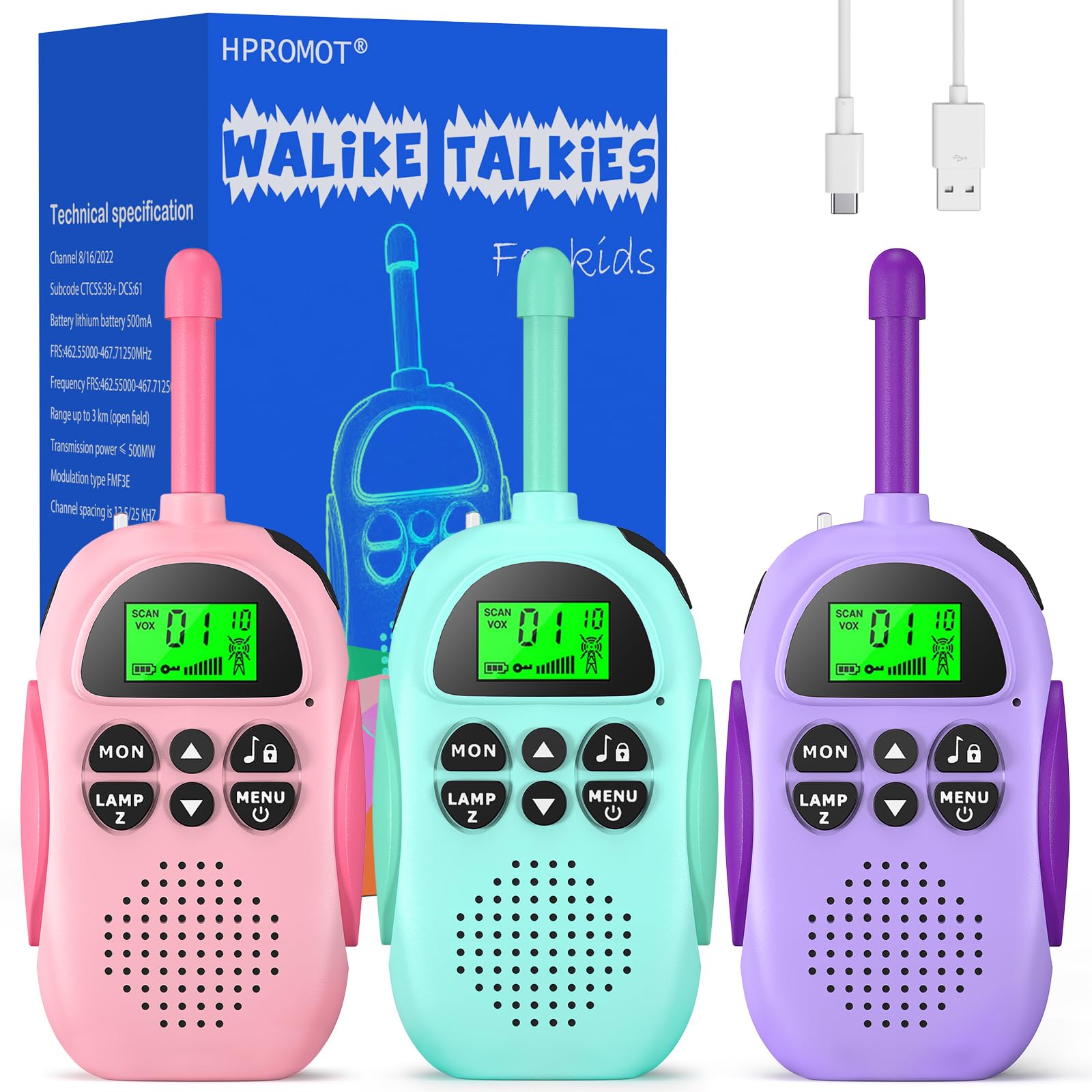 Rechargeable Kids Walkie Talkies 3 Pack - 22 Channel Long Range 2 Way Radios for Boys & Girls Ages 3-12 | Perfect for Outdoor Adventures, Camping, Hiking & Birthday Gifts