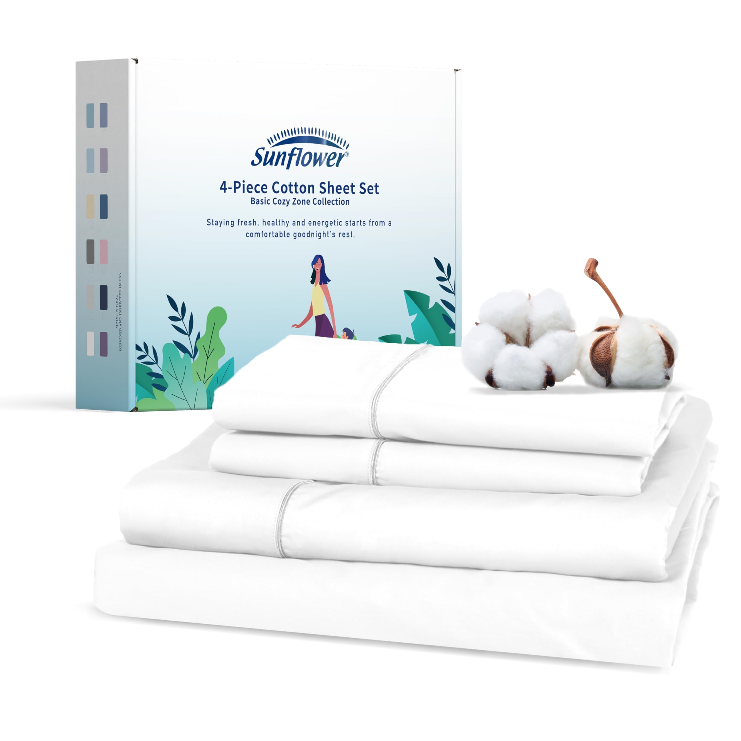 Sunflower Cotton Queen Sheet Set - 4-Piece Luxury Hotel Quality Bedding with Silver Trim Design, Deep Pocket Fits Mattress Up to 16 Inches, Soft White Queen Size Sheets for Bedroom, Guest Room & Airbnb