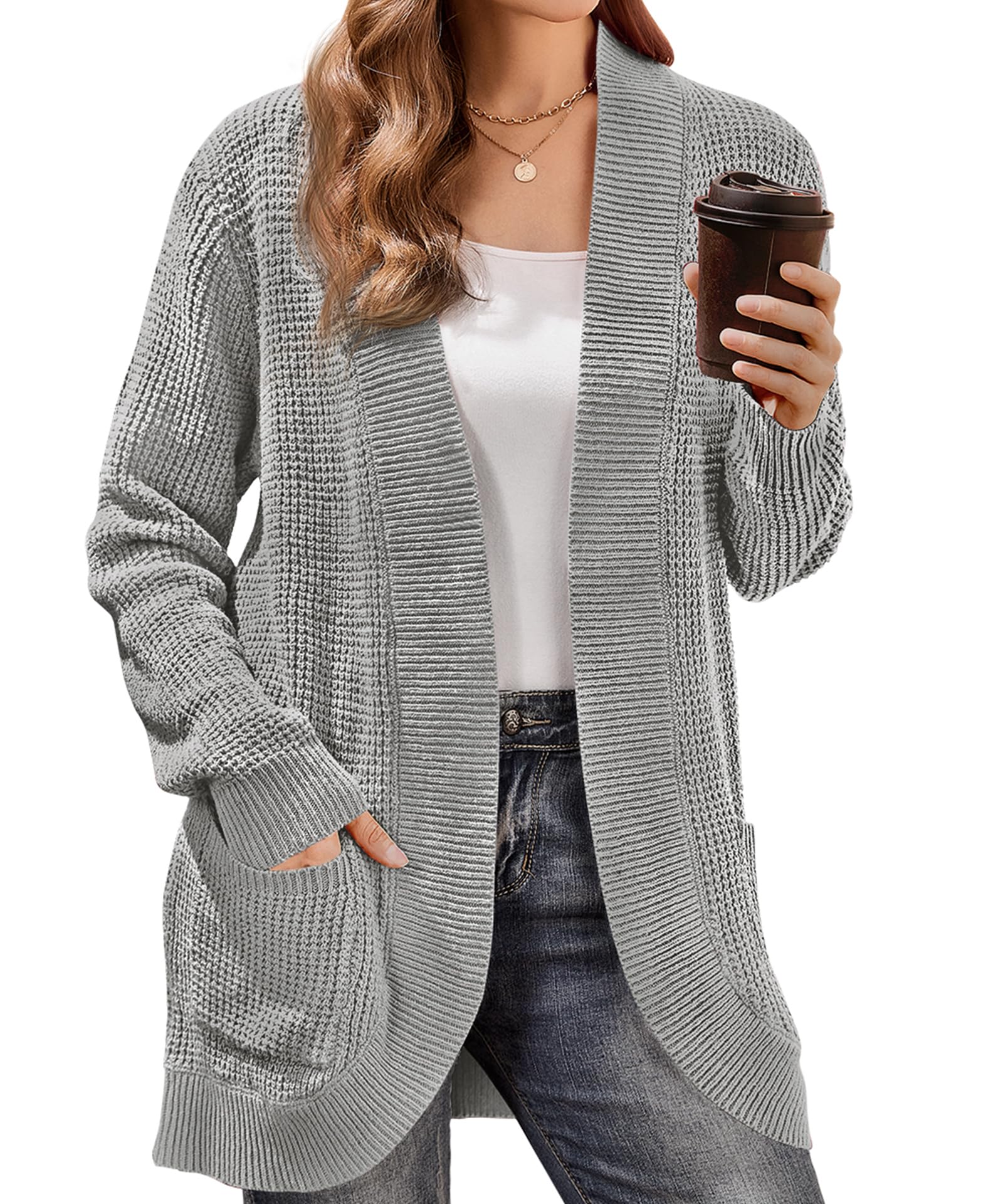 HRUTANE Women's Long Sleeve Open Front Cable Knit Cardigan Sweater - Soft Casual Loose Fit Coat with Pockets | Perfect for Office, Lounge & Fall Layering