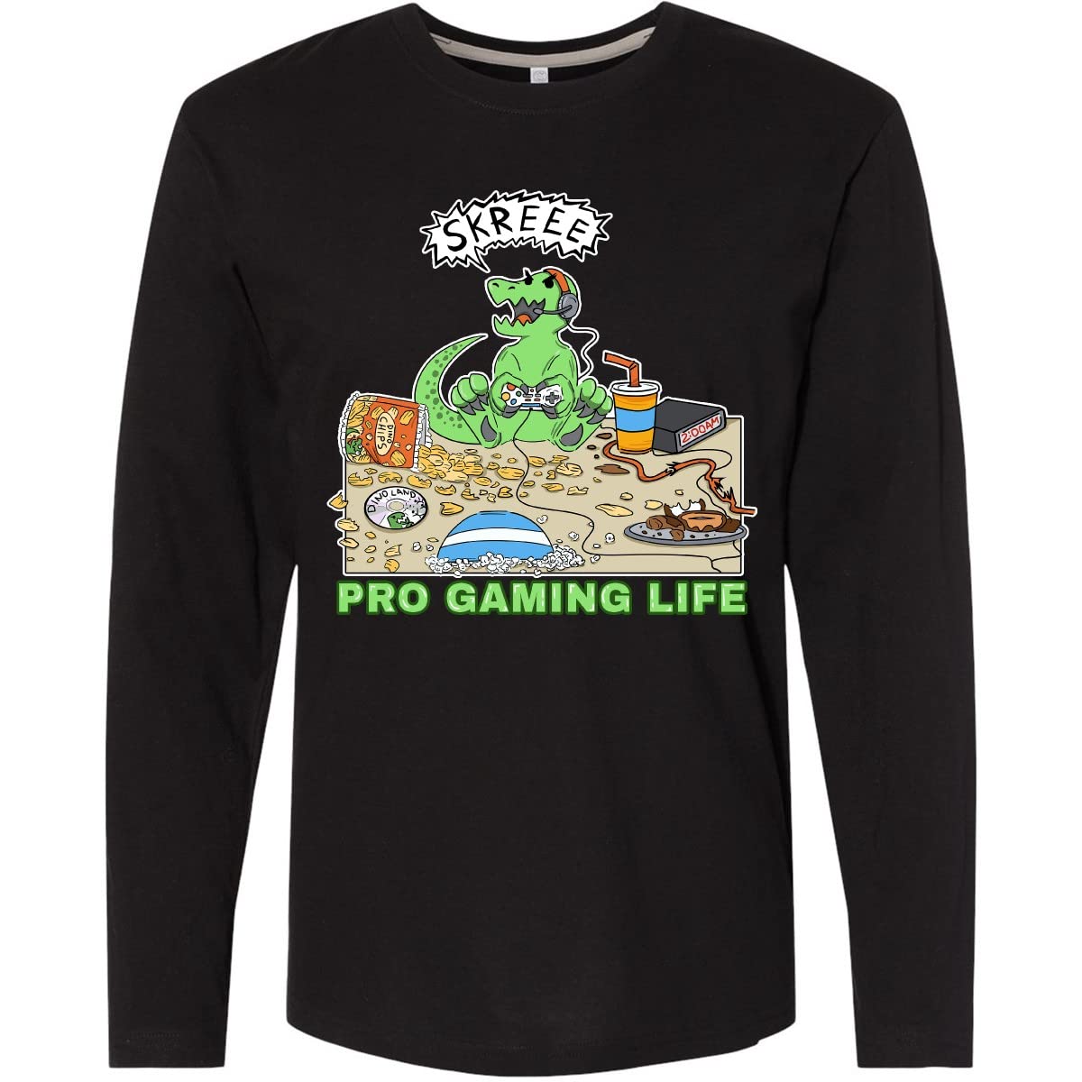 Inktastic Pro Gaming Life Dinosaur Long Sleeve T-Shirt for Men - Comfortable Cotton Gamer Shirt for Casual Wear, Gaming Events & Everyday Outfits