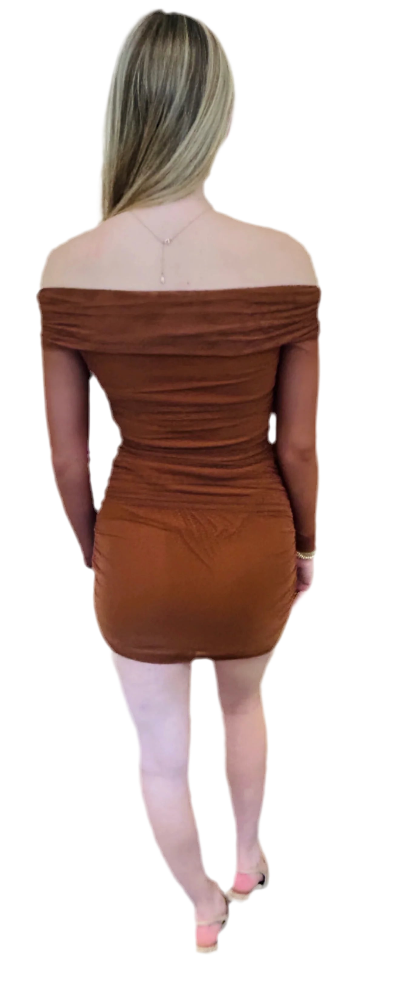 Brown Ruched Mesh Off-Shoulder Mini Dress - Sexy Cocktail Party & Summer Vacation Outfit