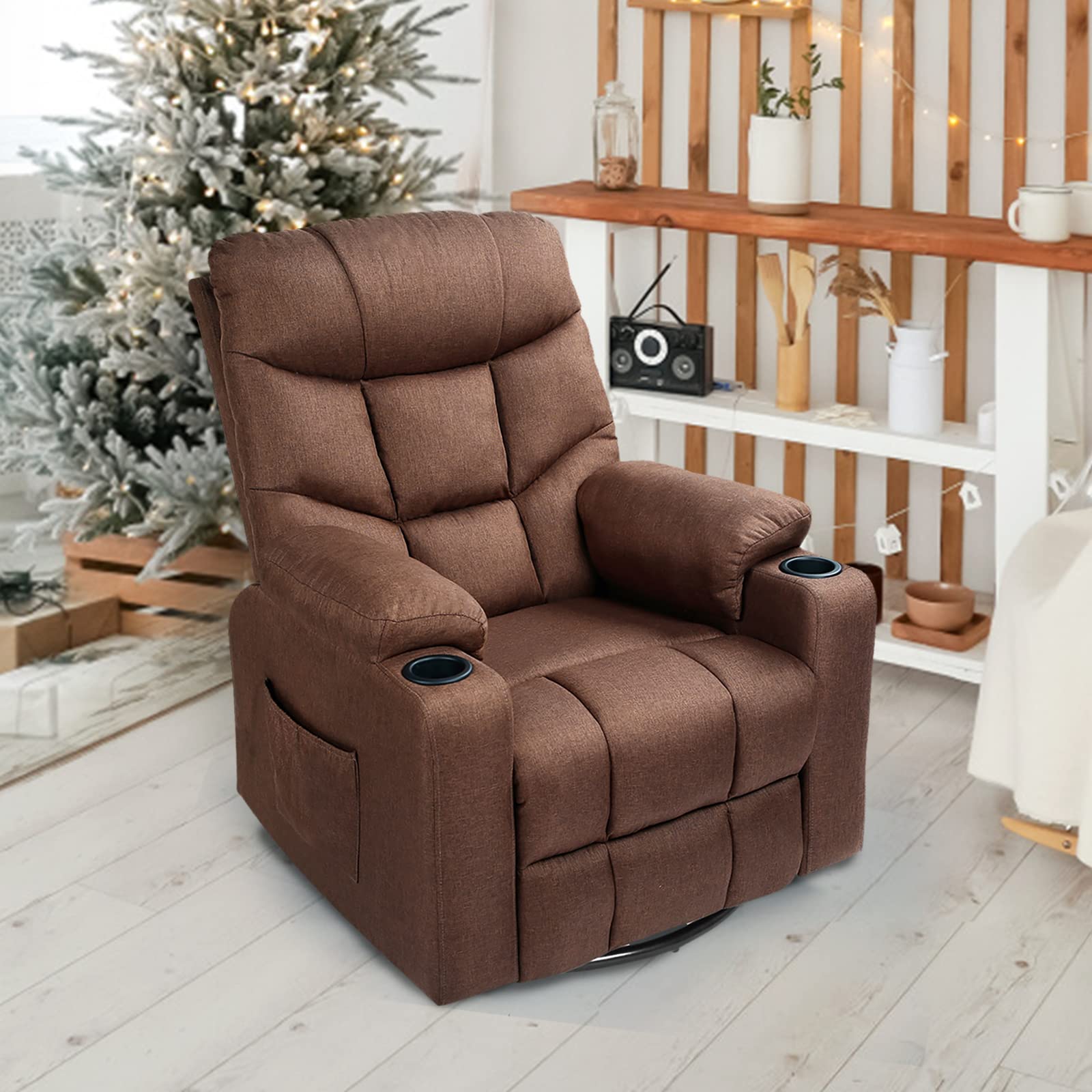 Esright 360° Swivel Heated Massage Recliner Chair - Ergonomic Fabric Lounge Chair with Coffee Color for Living Room, Home Theater & Office Relaxation
