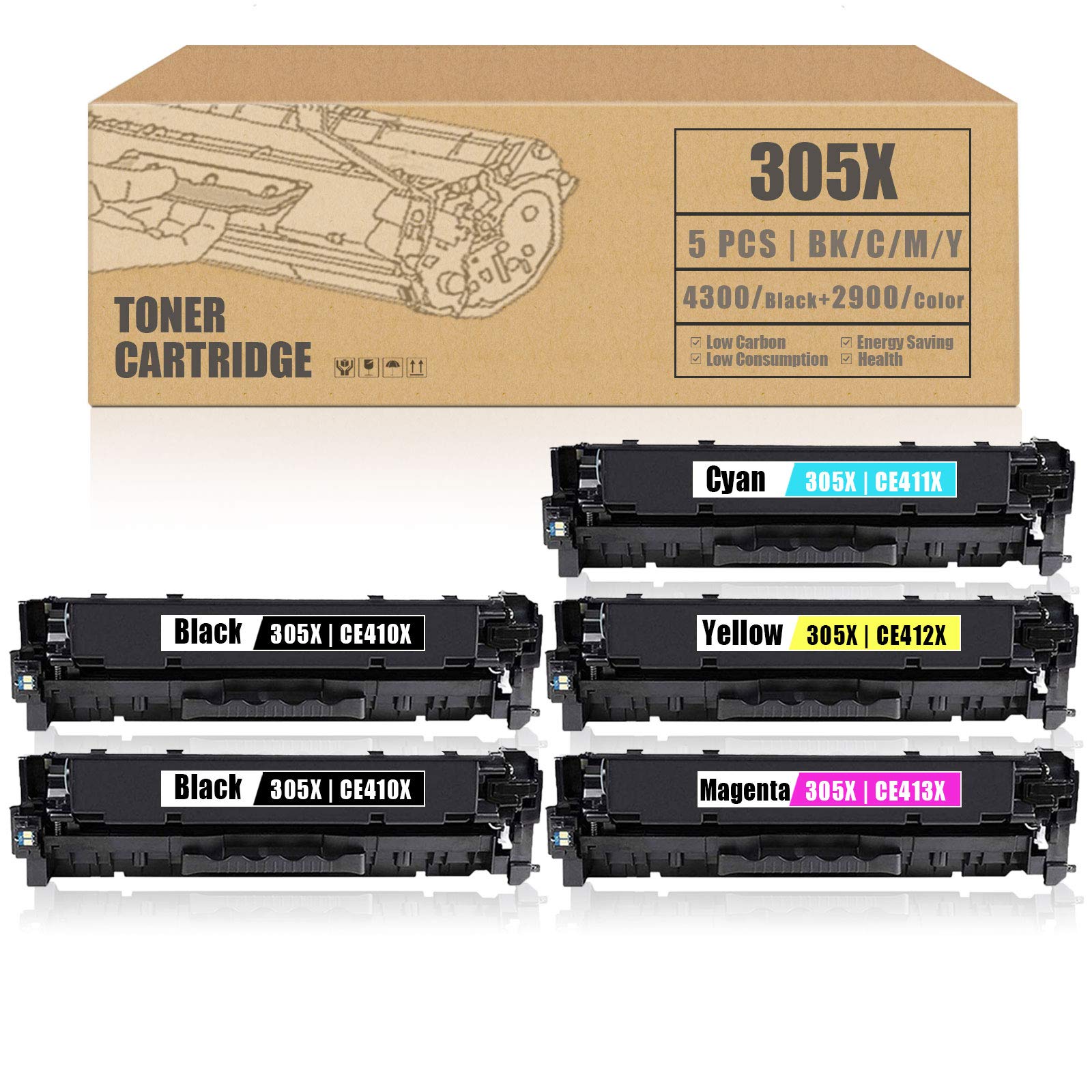 5-Pack Remanufactured Toner Cartridge Set (2BK+1C+1M+1Y) - Compatible with HP Pro 400 Color Printer M451nw/M451dn & CE410X/CE411X/CE412X/CE413X Series - High-Quality Replacement for Home & Office Printing Needs