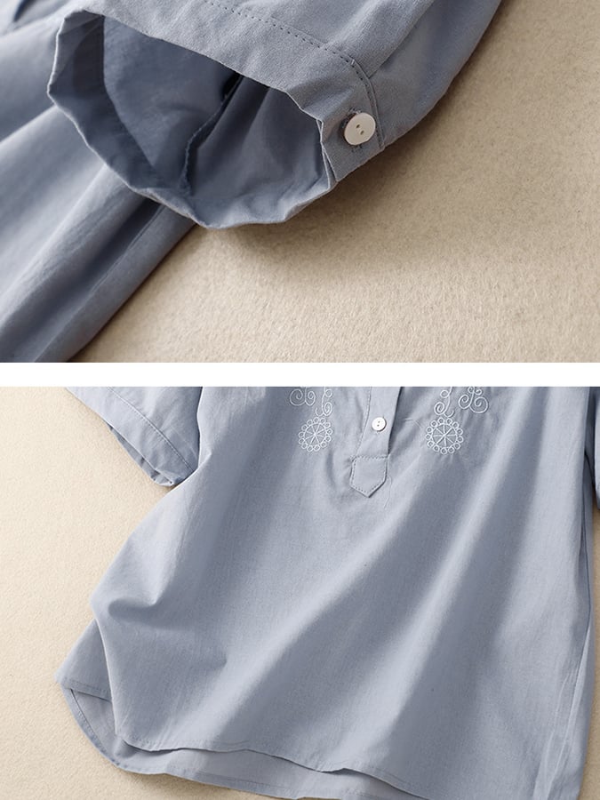 Lovevop Women's Casual Short Sleeve Embroidered Button Down Shirt - Floral Half Open Collar Blouse for Spring Summer Outfits, Work & Date Night