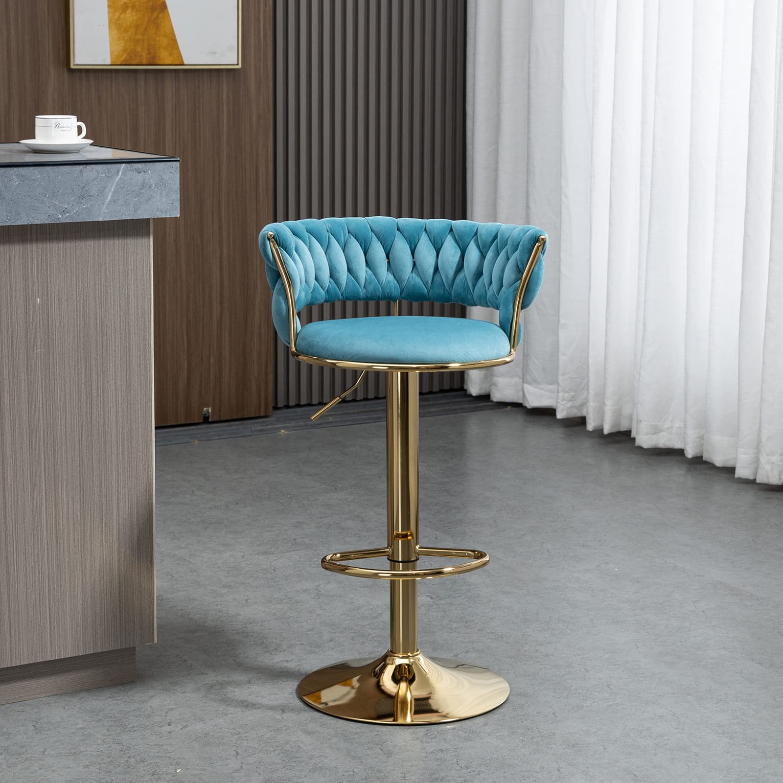 KINFFICT Velvet Swivel Bar Stool - Adjustable Height Counter Stool with Woven Back, Upholstered Kitchen & Dining Chair, Modern Barstool for Home Kitchen Island, Cafe, Pub & Bar Counter (Blue) - Perfect for Entertaining, Breakfast Nooks & Small Spaces