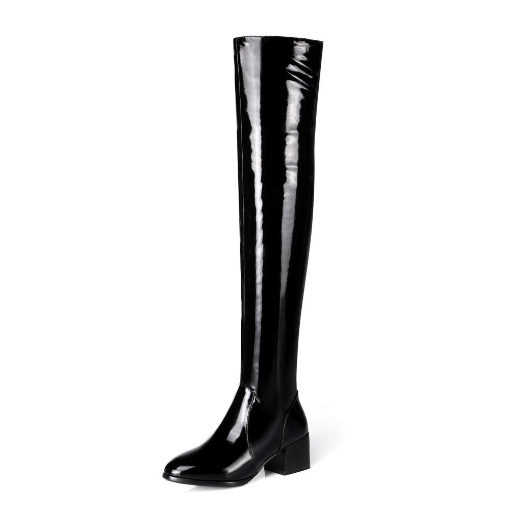 TinaCus Women's Stretch Patent Leather Pointed Toe Side Zip Chunky Heel Over The Knee Boots - Fashionable & Comfortable for Party, Night Out, and Winter Style