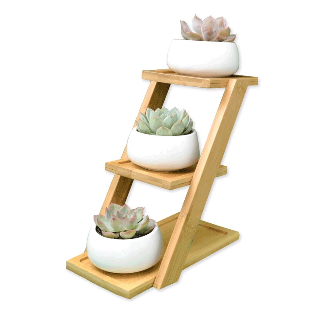 Simple Modern Ceramic White Flower Pots - Set of 3 Bonsai Planters with Wooden Shelf Stand for Succulents, Herbs & Indoor Plants | Home Garden Decor for Windowsill, Office Desk & Living Room