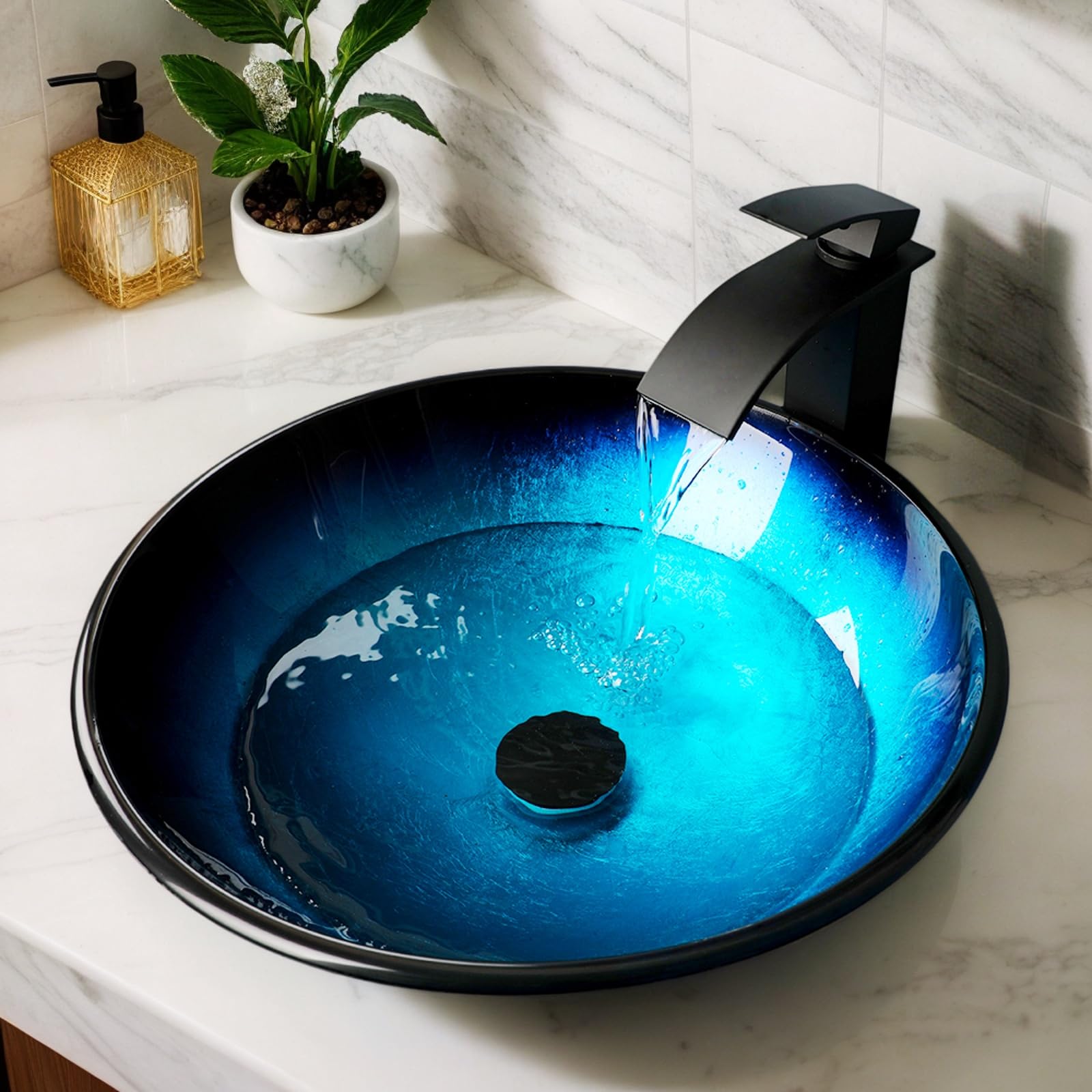Black Glass Vessel Sink - Round Blue Bathroom Vanity Sink with Faucet & Drain Set - Modern Glass Basin Bowl for Bathroom Countertop - Perfect for Master Bath, Guest Bath & Powder Room Renovations