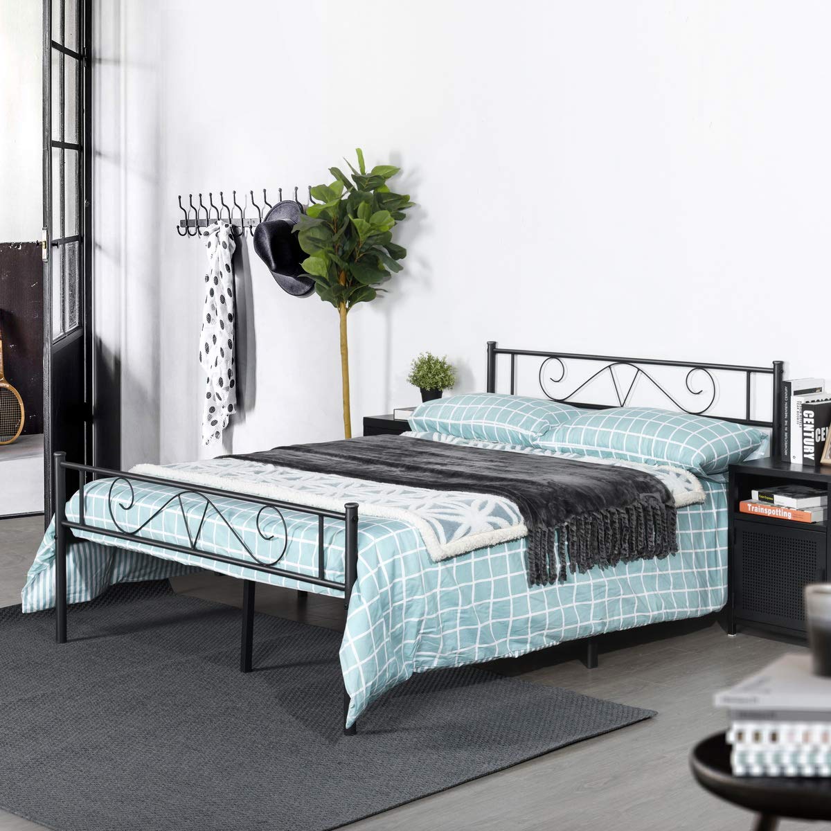 White Steel Platform Bed Frame - No Box Spring Needed, Tool-Free Assembly for Full Size Bed | Perfect for Modern Bedrooms