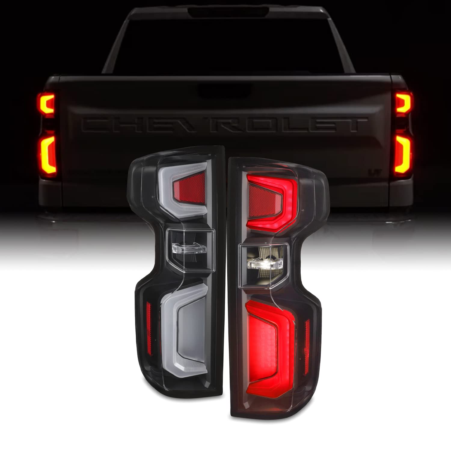 AKKON LED Black Tail Lights Brake Lamp Pair for 2019-2022 Chevy Silverado 1500 (Driver & Passenger Side) - Upgrade Replacement for Incandescent Bulbs - Enhanced Visibility & Style for Night Driving & Off-Road Adventures