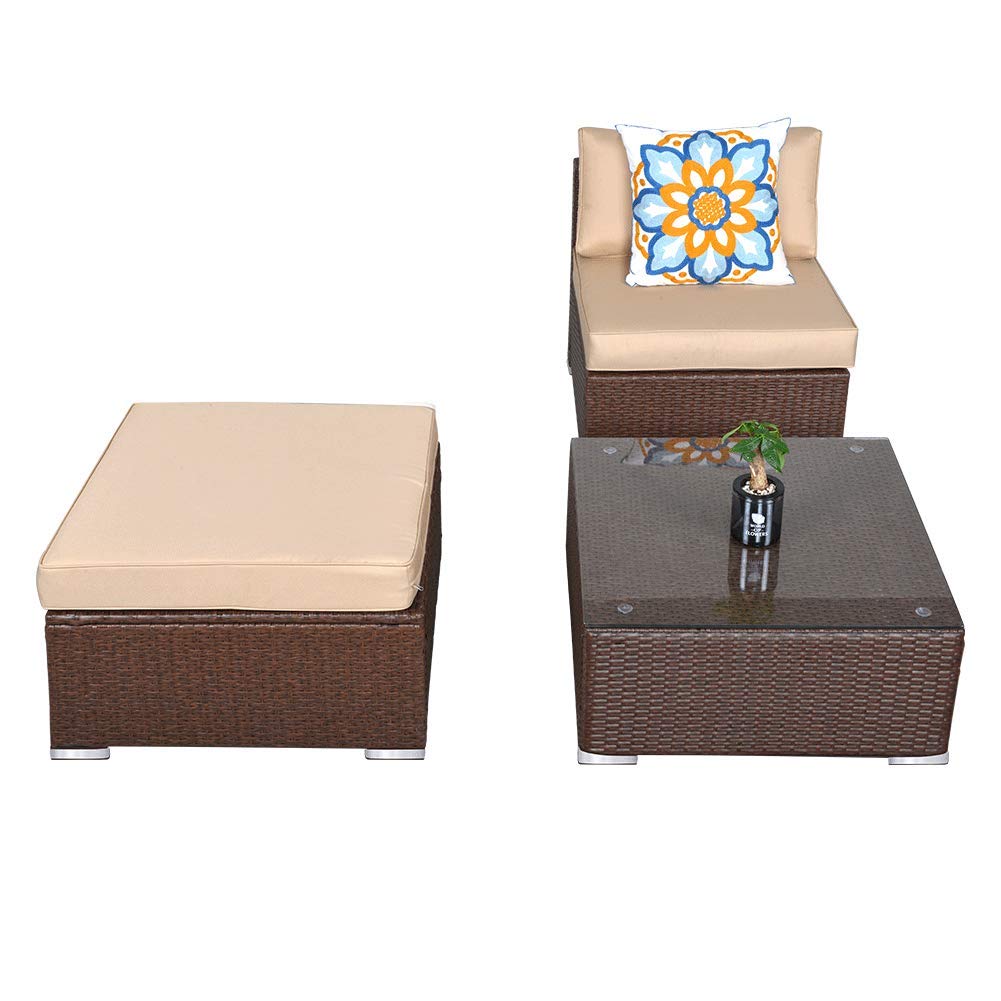 Sunvivi 3-Piece Outdoor Wicker Patio Furniture Set - Armless Sectional Sofa, Ottoman & Coffee Table with Removable Cushions (Brown) | Perfect for Backyard, Garden, Poolside & Balcony Relaxation
