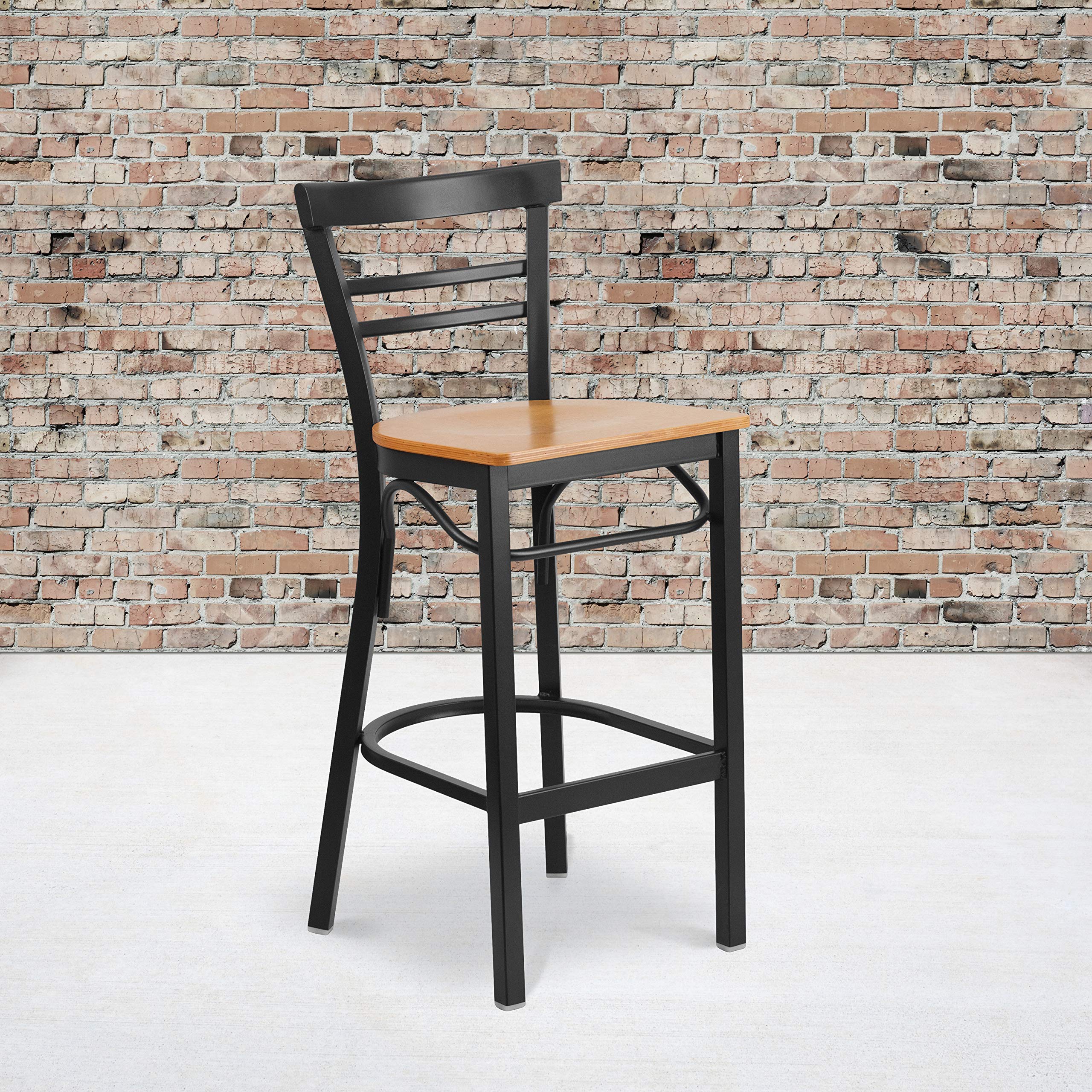 Two-Slat Ladder Back Metal Bar Stool with Natural Wood Seat - Counter Height Stool for Kitchen Island, Breakfast Bar & Home Decor