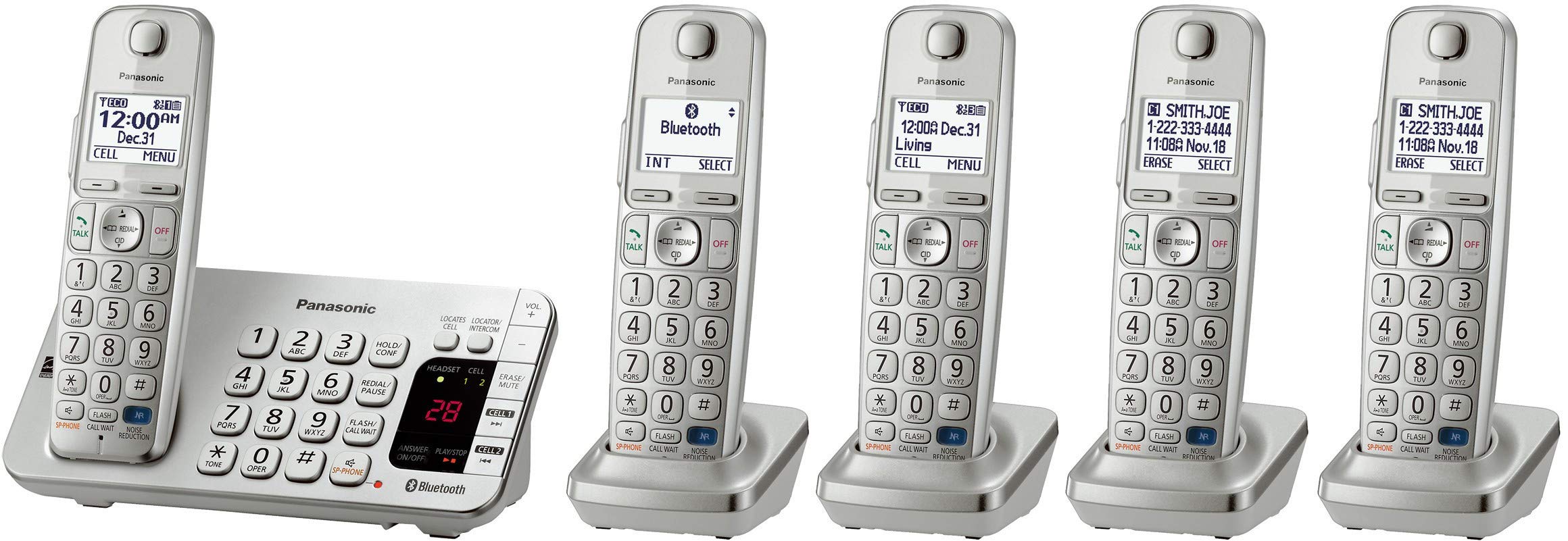 Panasonic KX-TGE275S 5-Handset Cordless Phone System with Bluetooth Link2Cell, Answering Machine & Call Blocking - Silver | Home & Office Communication Solution for Landline Calls