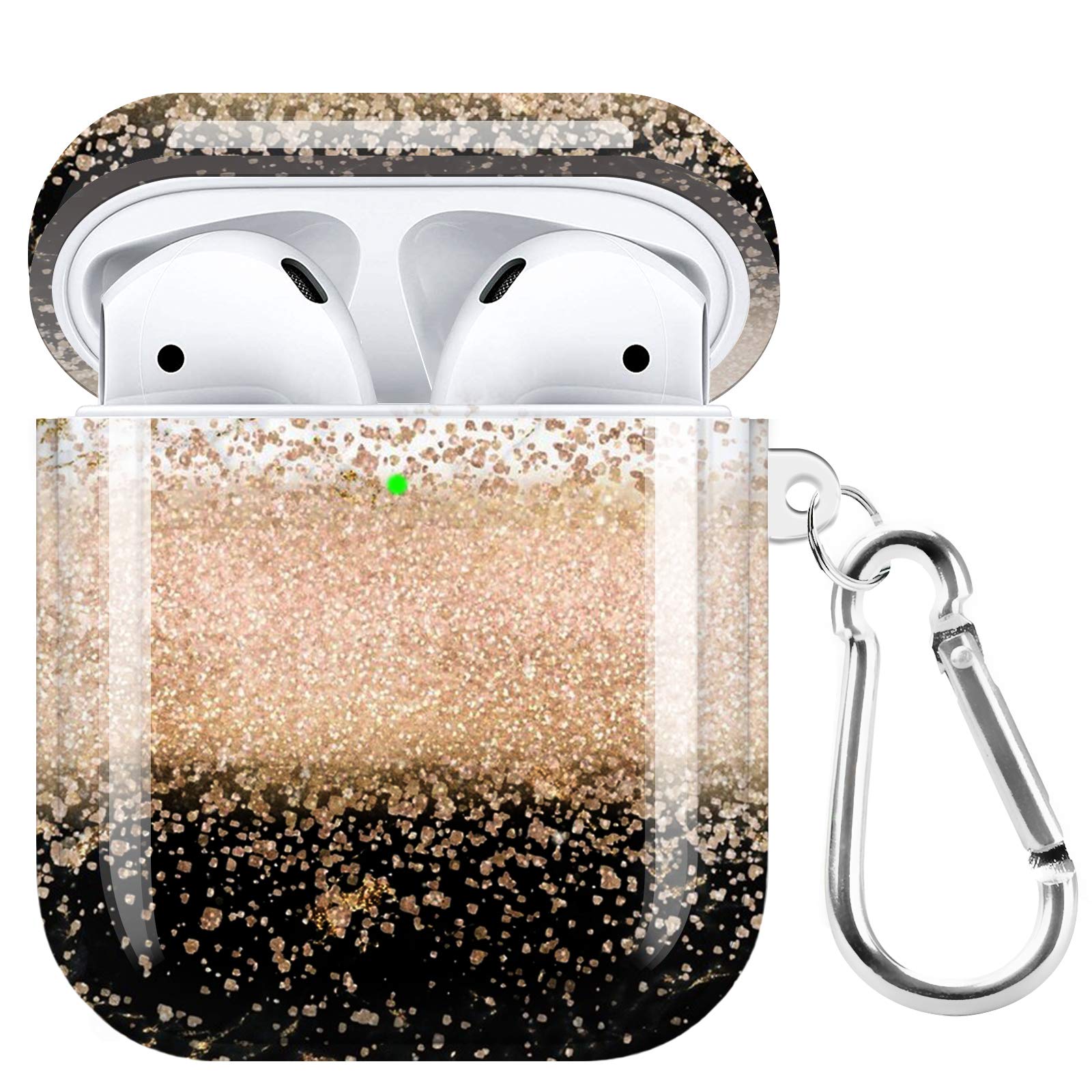 POKABOO Clear Soft TPU Protective Case for AirPods 1 & 2 - Wireless Charging Compatible with LED Visible Design & Keychain (Golden Glitter) - Perfect for Gym, Travel and Everyday Use