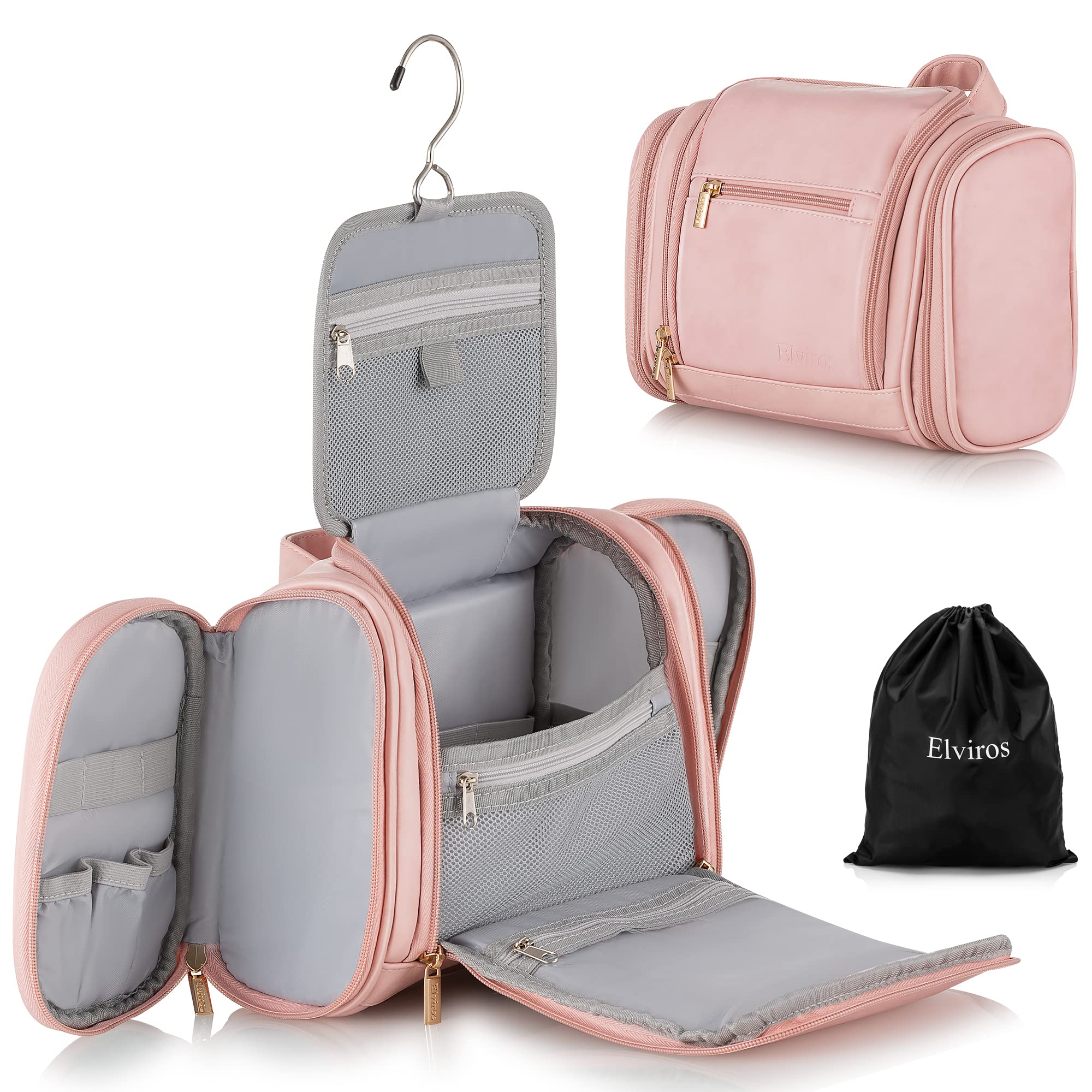 Elviros Large PU Leather Hanging Toiletry Bag - Water-resistant Travel Organizer for Cosmetics & Shaving Kit (Pink) - Perfect for Bathroom & Travel