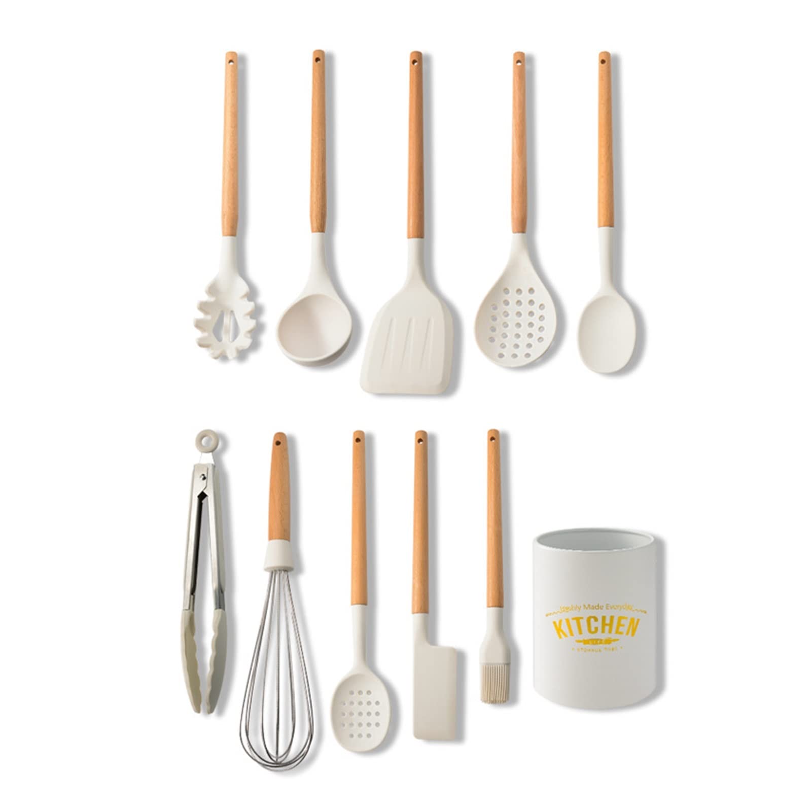 Premium Silicone Cooking Utensil Set - Non-Stick Kitchen Tools with Wooden Handle (5-Piece, White) - Perfect for Baking, Frying & Everyday Cooking