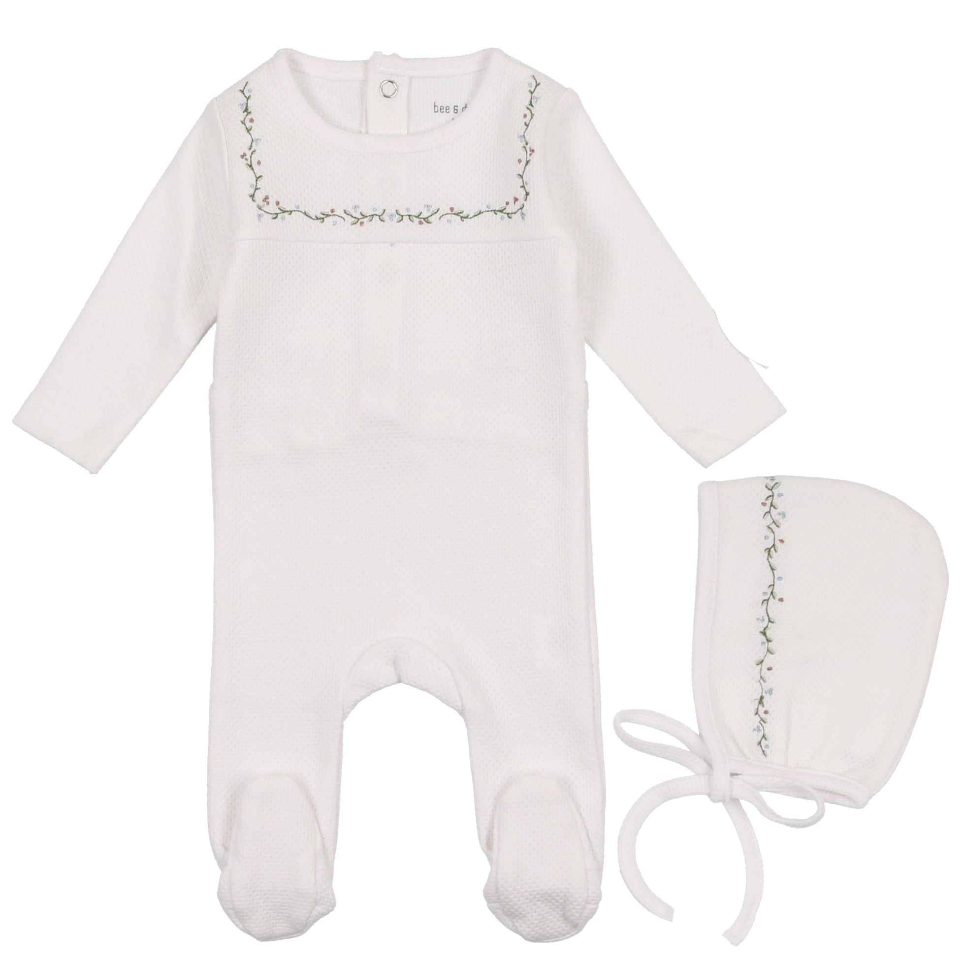 Bee & Dee Snow White with Green Vines Embroidered Linen Pointelle Collection Stretchie and Bonnet Set - Newborn Baby Girl Photo Outfit & Baptism Christening Gift