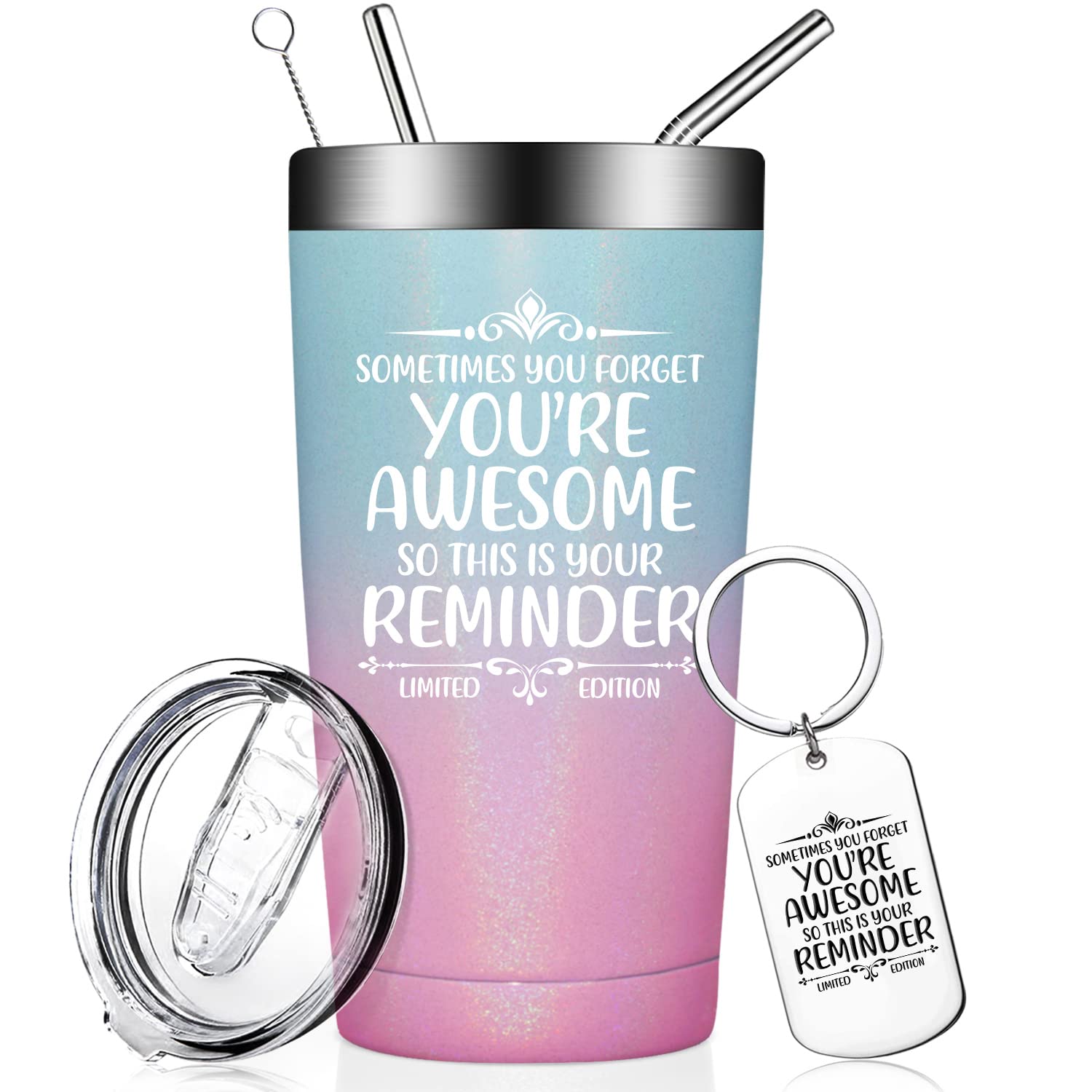 Best Inspirational Gifts for Women - Unique Thank You & Funny Birthday Gifts for Her - Vacuum Insulated Tumbler Cup with Keychain (20oz, Glitter Bubble Gum) - Perfect for Best Friend, Daughter, Mom, Coworker, Office, Home, Travel, and Everyday Use