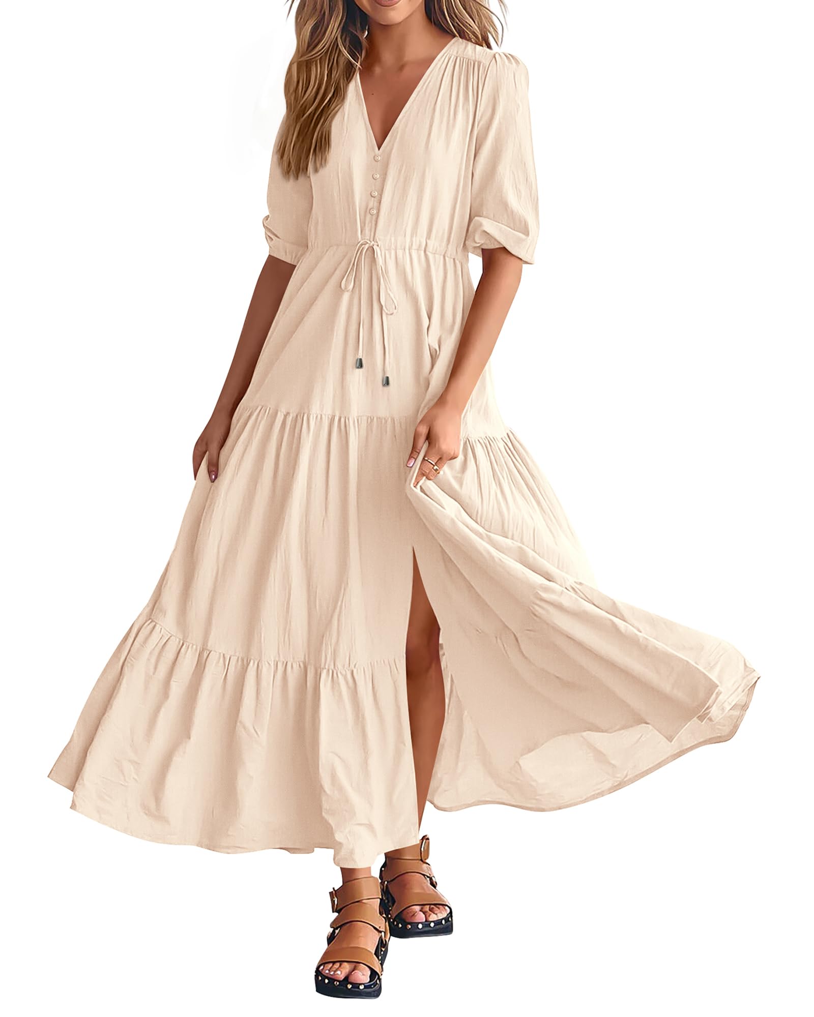 BTFBM Women's Summer Maxi Dress - Short Sleeve V-Neck Button Down Boho Long Dress with Drawstring Waist | Casual Beach Wear, Vacation Outfit, Party Dress