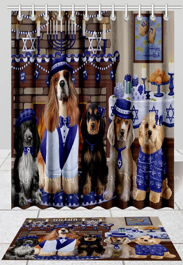 Happy Hanukkah Family Cocker Spaniel Dogs Bath Mat & Shower Curtain Set - Anti-Slip Bathroom Decor, Plush Rug & Polyester Bathtub Curtain with Hooks (Mat 20