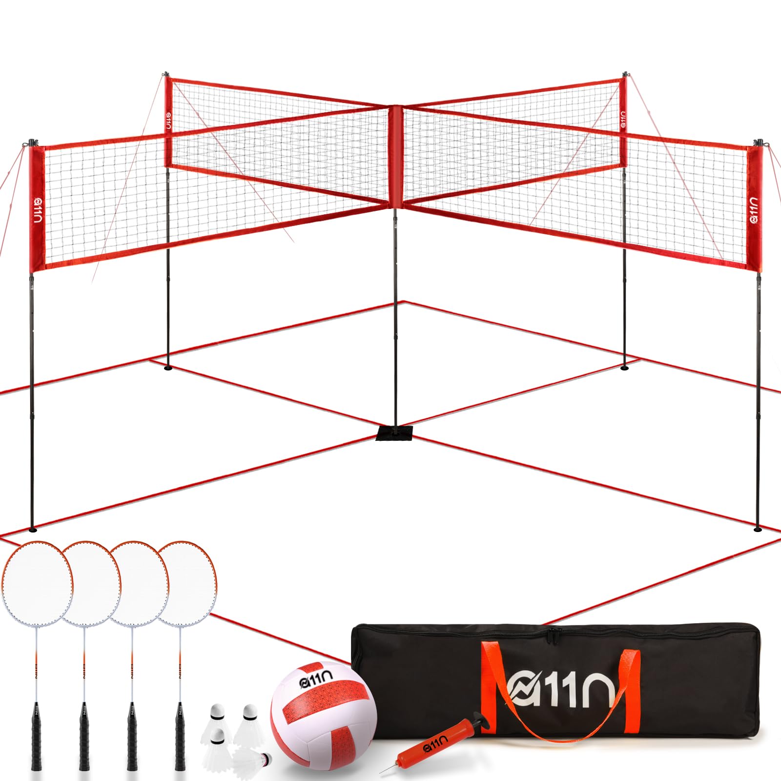 A11N 4-Way Volleyball and Badminton Net Set - Adjustable Height for Backyard, Beach, Park & Outdoor Sports - Perfect for Adults & Kids (Red & Yellow) - Great for Family Gatherings, Picnics, and Summer Games