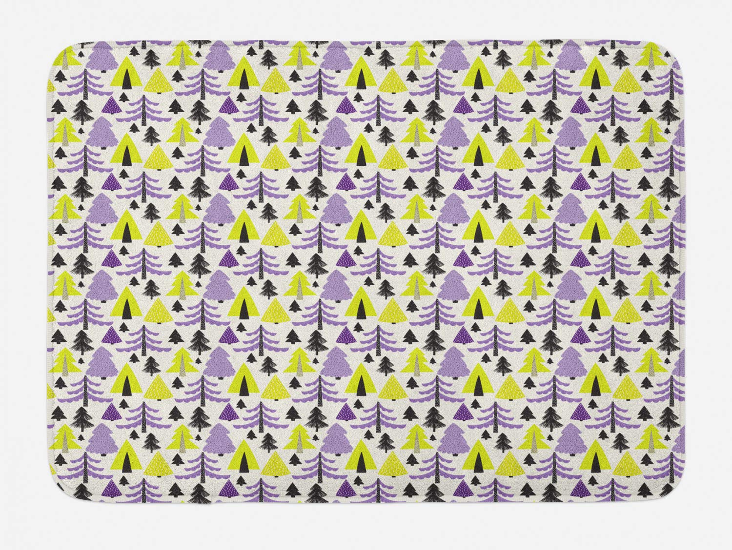 Ambesonne Forest Bath Mat - Cartoon Style Spruce Pine Tree Silhouettes in Violet Yellow Green, Non-Slip Plush Bathroom Rug 29.5