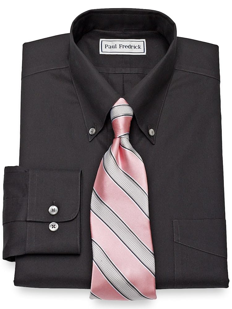 Paul Fredrick Men's Non-Iron 2-Ply Cotton Dress Shirt - Slim Fit Button Down Collar Business Casual Shirt - Size 20.0/37 Black - Perfect for Office, Interviews & Formal Events