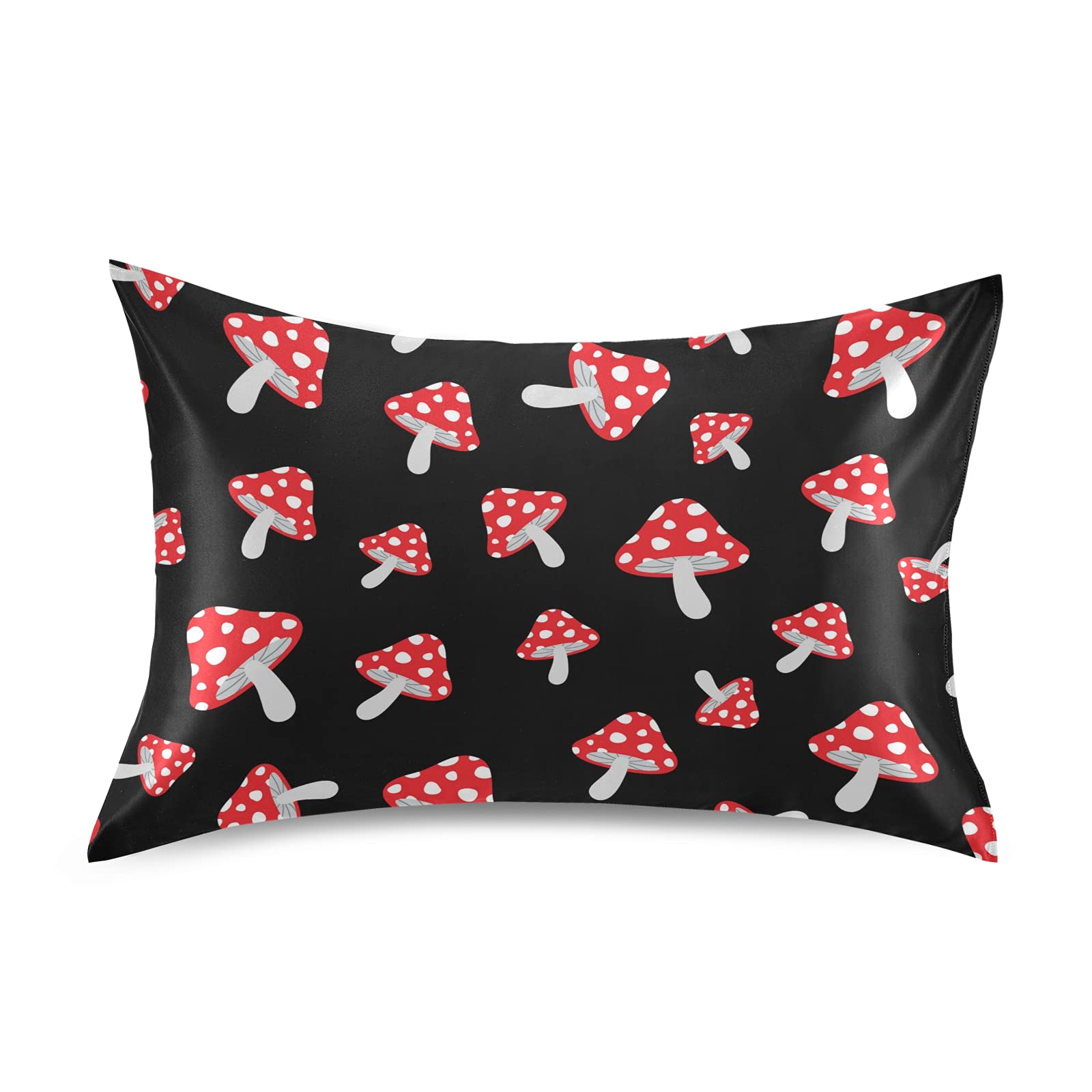 Poeticcity Seamless Forest Red Mushrooms Black Silk Satin Pillowcase - Cooling Soft Silky Pillow Cover for Hair & Skin Care (20x26 Inches) - Perfect for Hot Sleepers, Sensitive Skin & Hair Protection